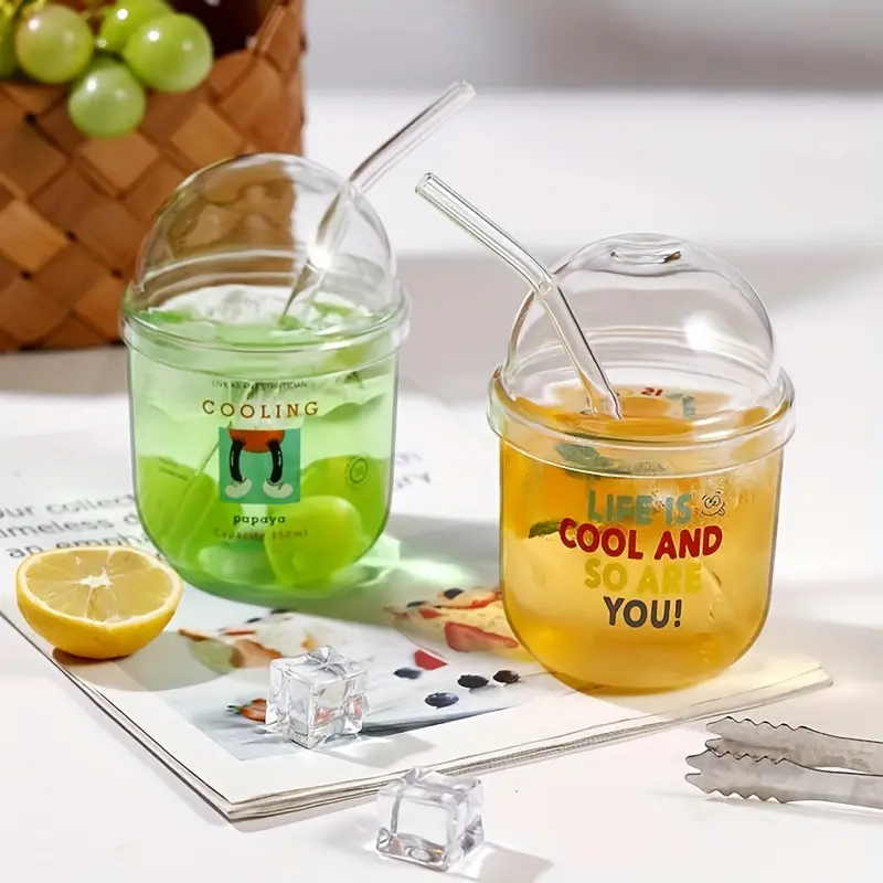 1pc, Small Glass Tumbler With Dome Lid And Straw, Boba Tea Bottle, Clear  Glass Juice Cups, Summer Winter Drinkware, Travel Accessories