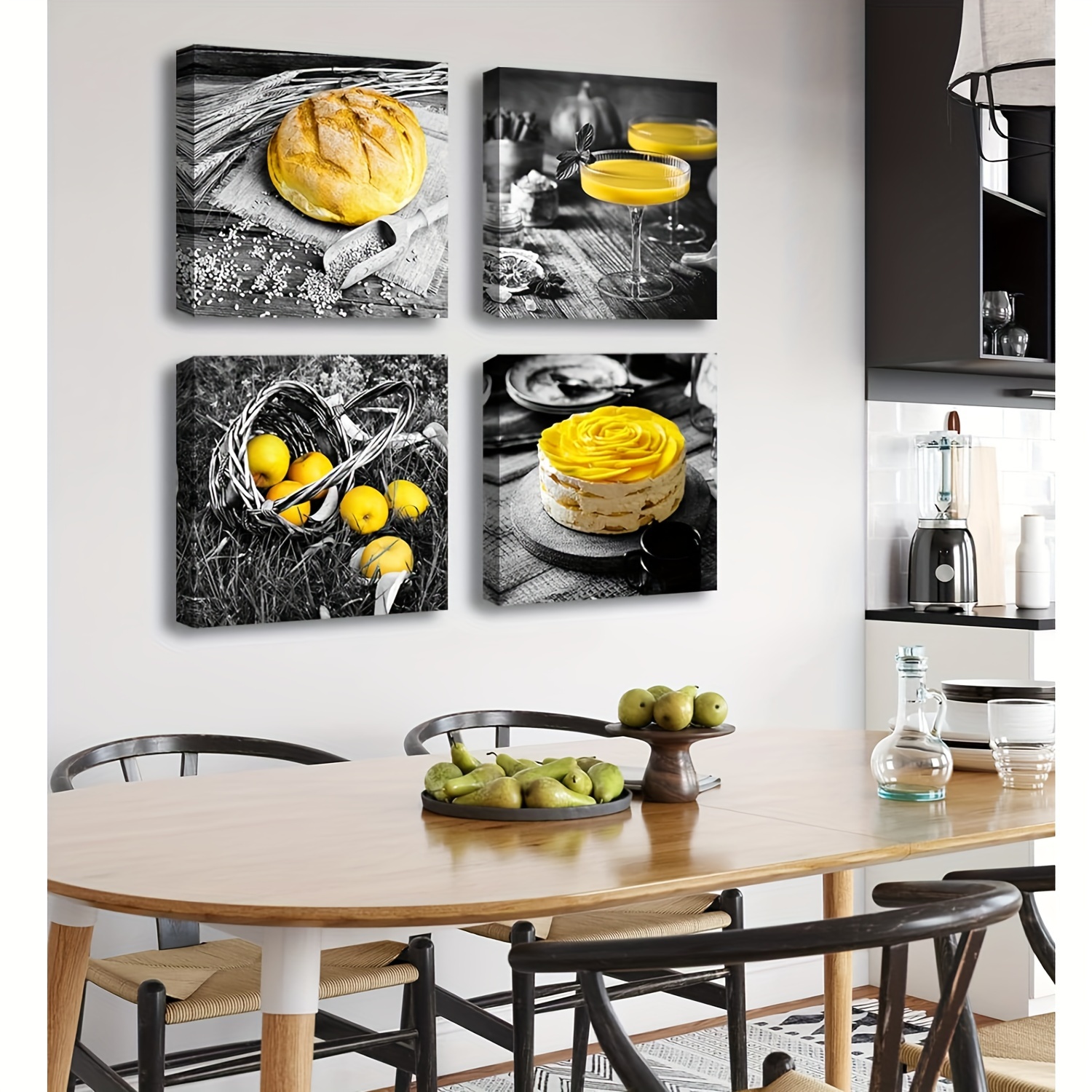 Kitchen Wall Decor Black and White Yellow Wall Art Bread Cake Fruit Picture  Canvas Print Paintings for Cafe Dining Room Restaurant Farmhouse Kitchen  Decoration 12 Wx12 Hx4 