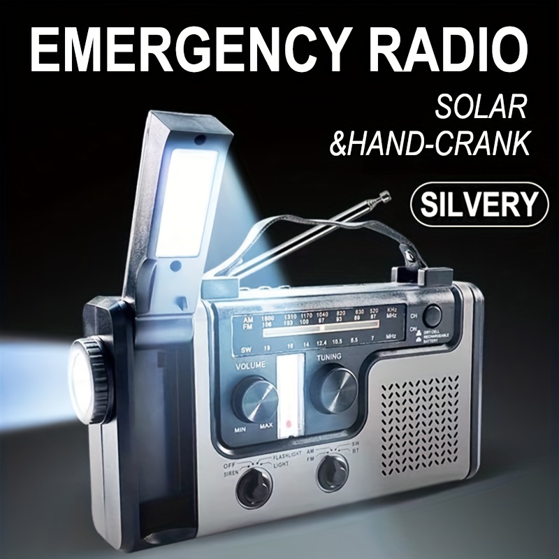 Radio solar con manivela de emergencia, altavoz Bluetooth impermeable,  radio meteorológica digital portátil AM/FM/NOAA con linterna, lámpara de