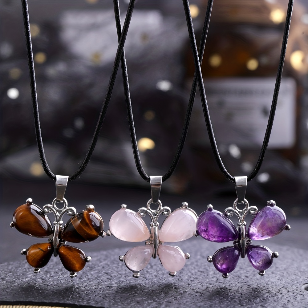 Butterfly Gem Necklace Rose Quartz Amethyst Opal Crystal Stone
