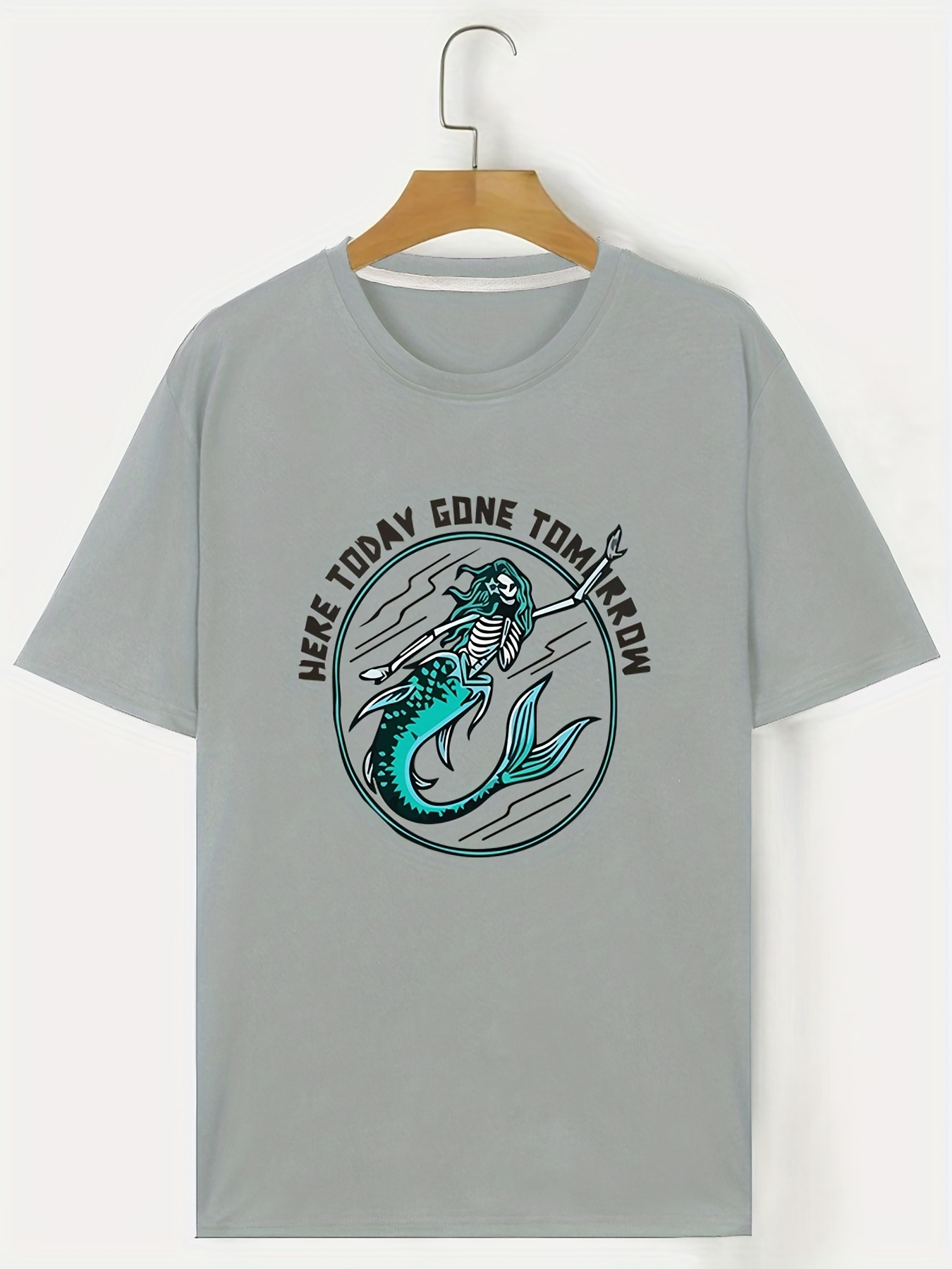 Skeleton Mermaid Print T Shirt, Tees For Men, Casual Short Sleeve