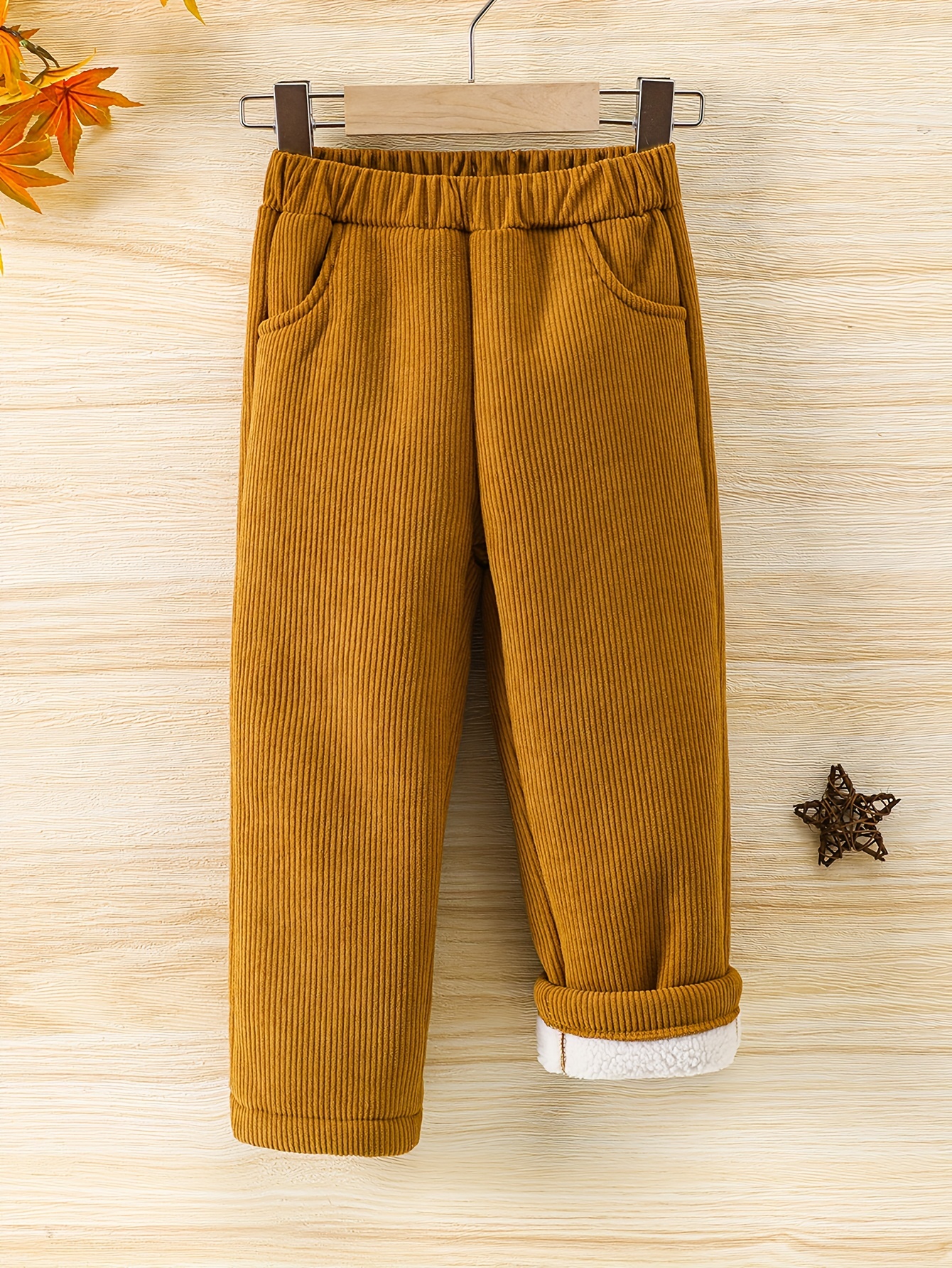 Women Button Up Pocket Corduroy Pants, Ruffle Trim Elastic Waist