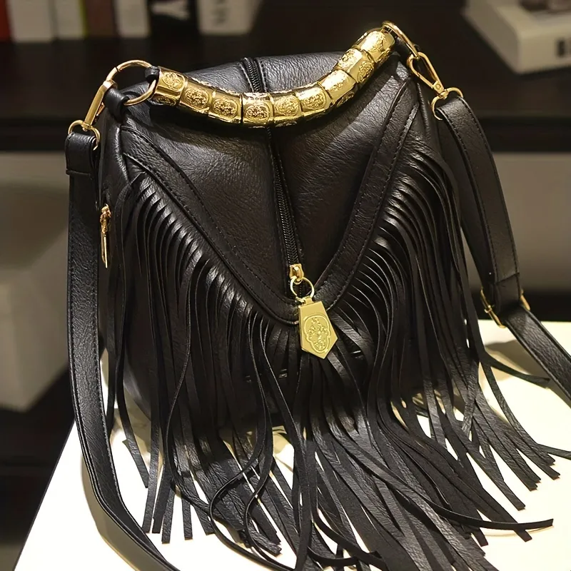 Vintage Tassel Bucket Bag, Fashion Top Ring Purse, Women's Pu