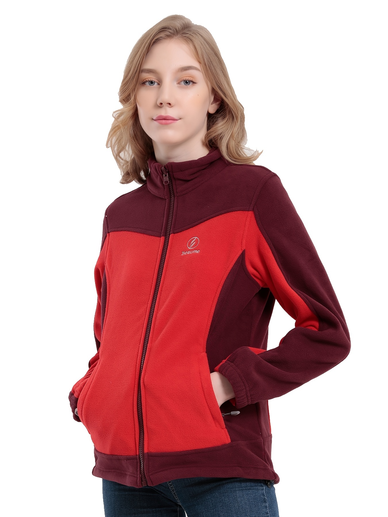 womens two tone color zipper front winter jacket windproof long sleeve soft shell thermal coat with pocket