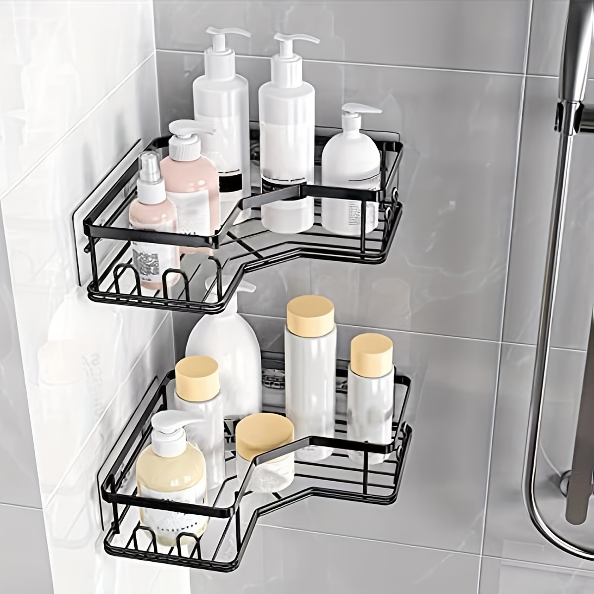 TETOTE Organizador de ducha esquinero, negro, paquete de 2, estantes de  ducha adhesivos, sin taladro, adhesivo, estante de ducha flotante con  ganchos