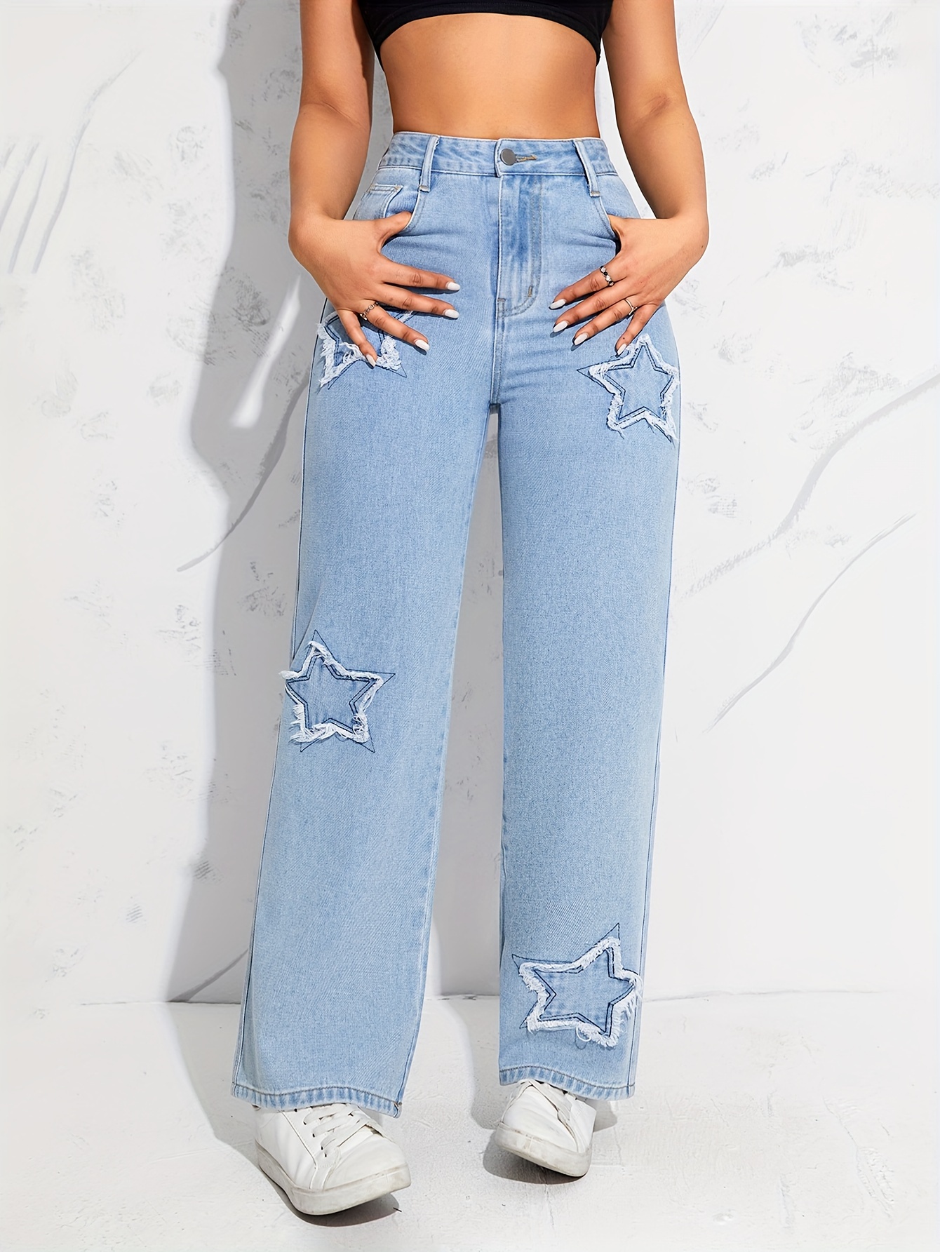 Blue Faux Pearl Studded Straight Jeans Loose Fit Slant - Temu