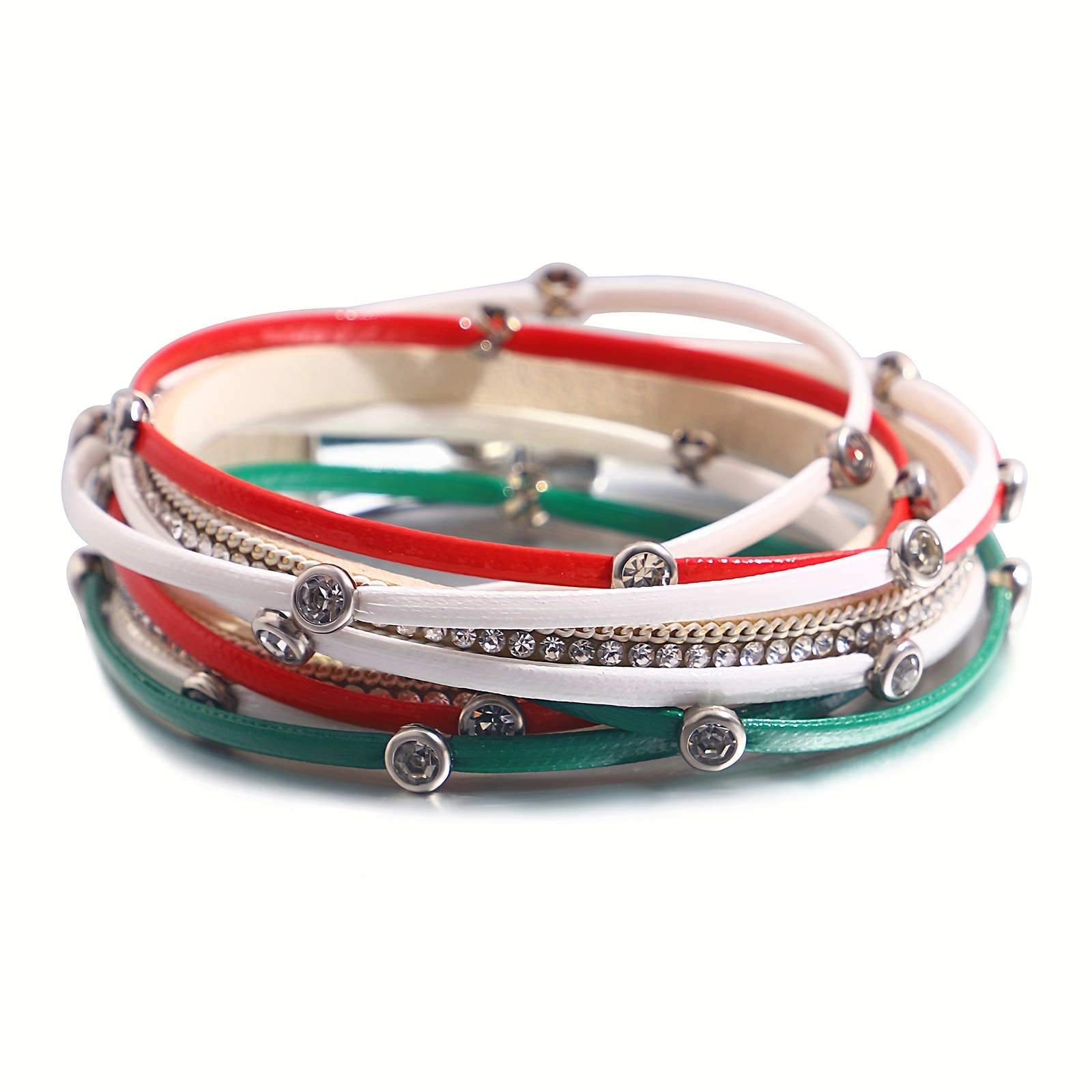 

Vintage Boho-style Artificial Leather Wrap Bracelet With Rhinestone Accents, Christmas Themed Bangles , White & Red, Daily & Party Accessory, Fits All - Pack Of 1