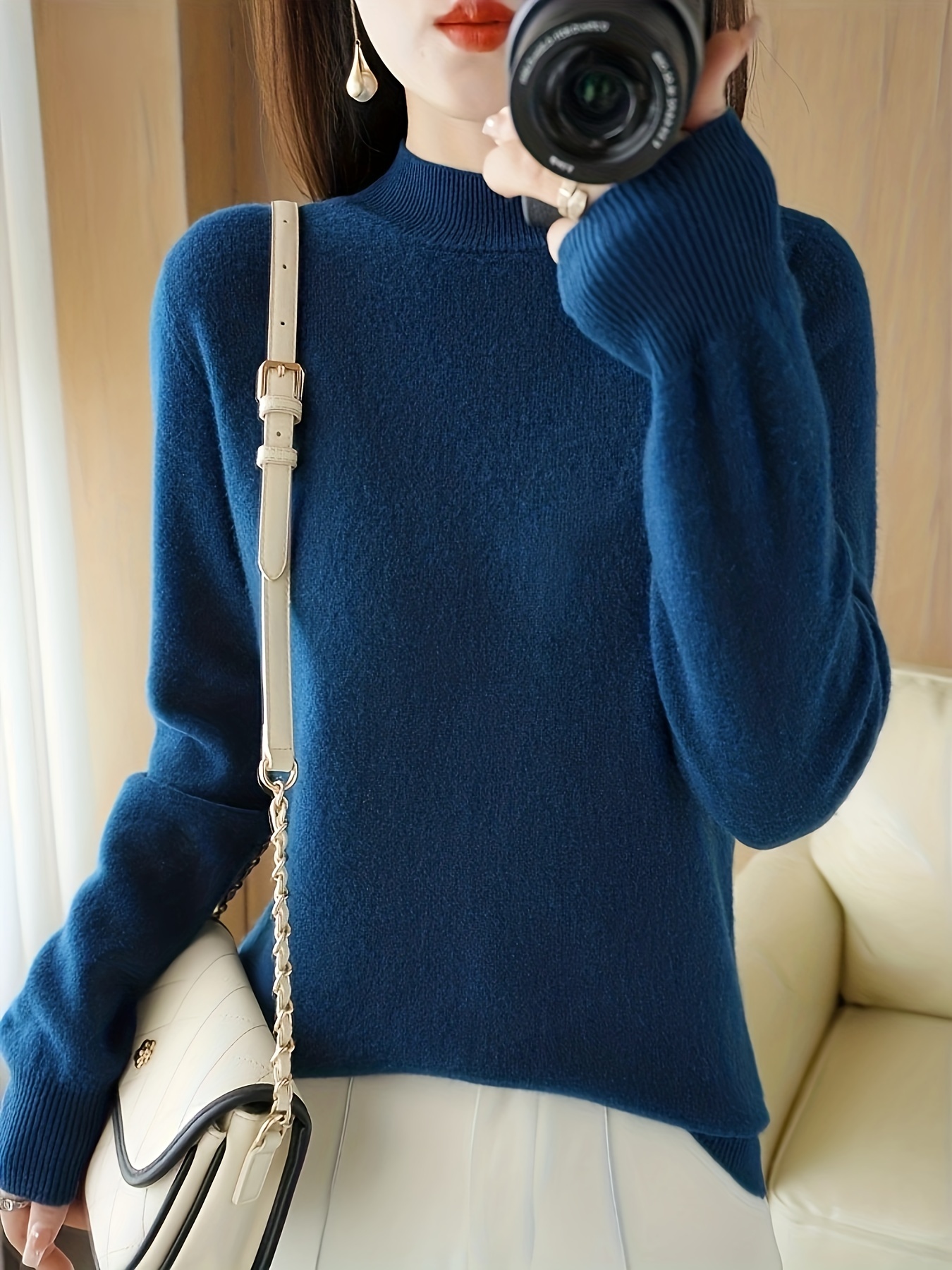 solid mock neck knitted top versatile long sleeve slim sweater womens clothing sea blue 0