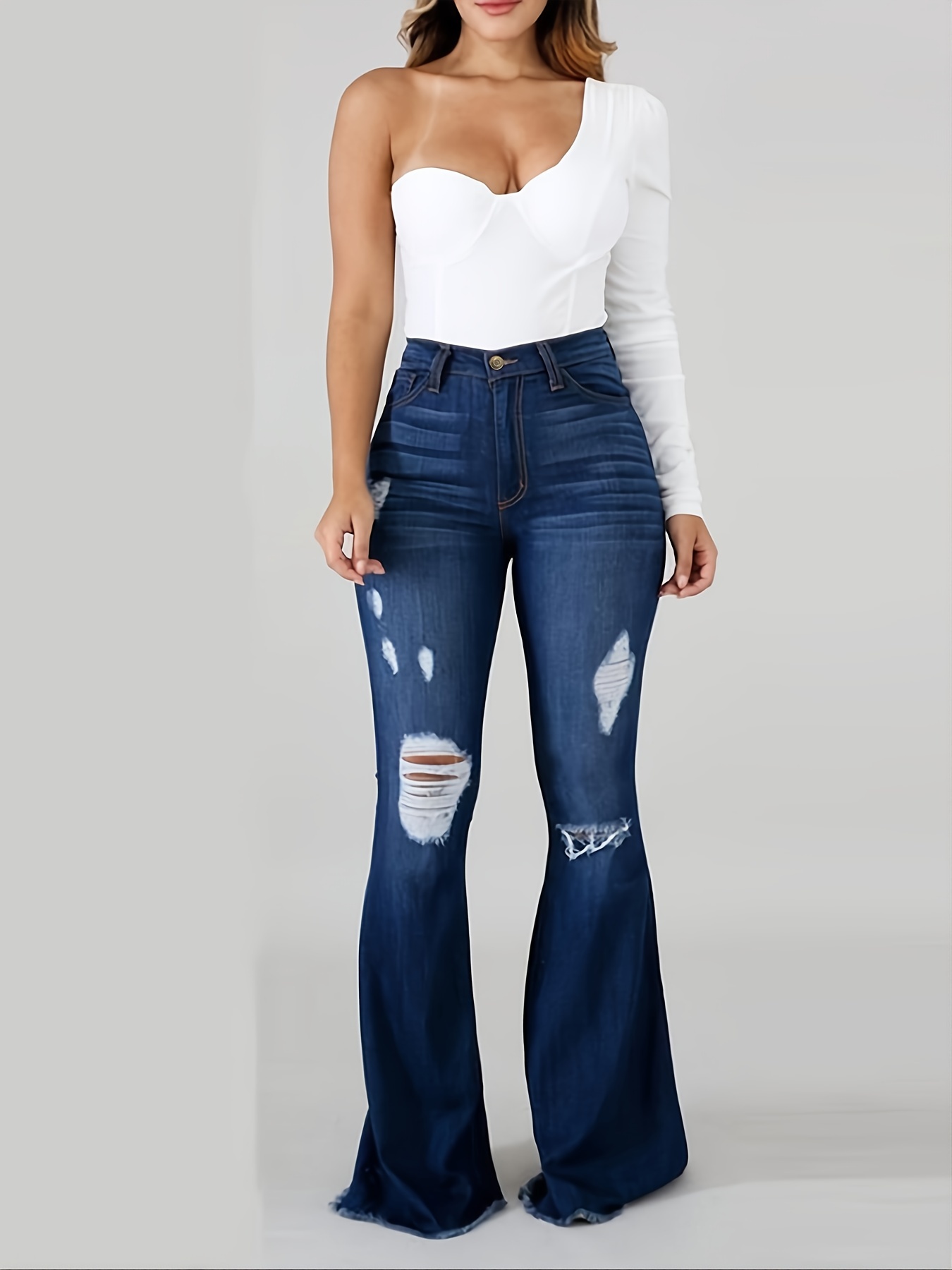 Ripped Holes High Waist Flared Jeans Bell Bottom Shape Wide - Temu Canada