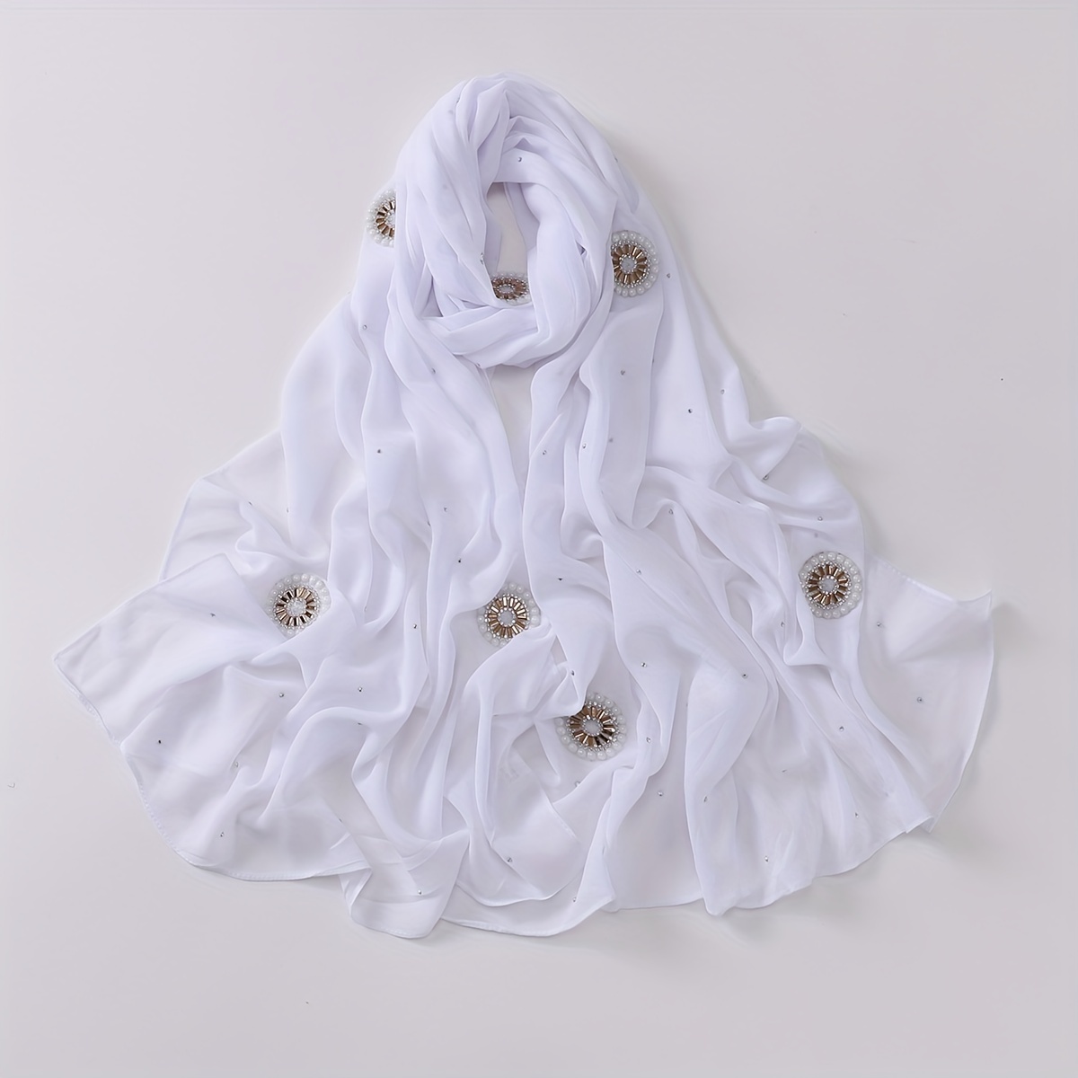 Faux Pearl Chiffon Hijab Scarf Solid Shawl Head Wrap Turban for Women