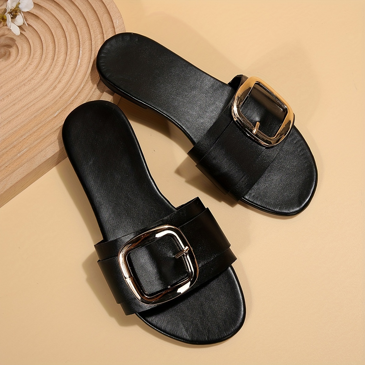 Black slides with gold buckle hot sale