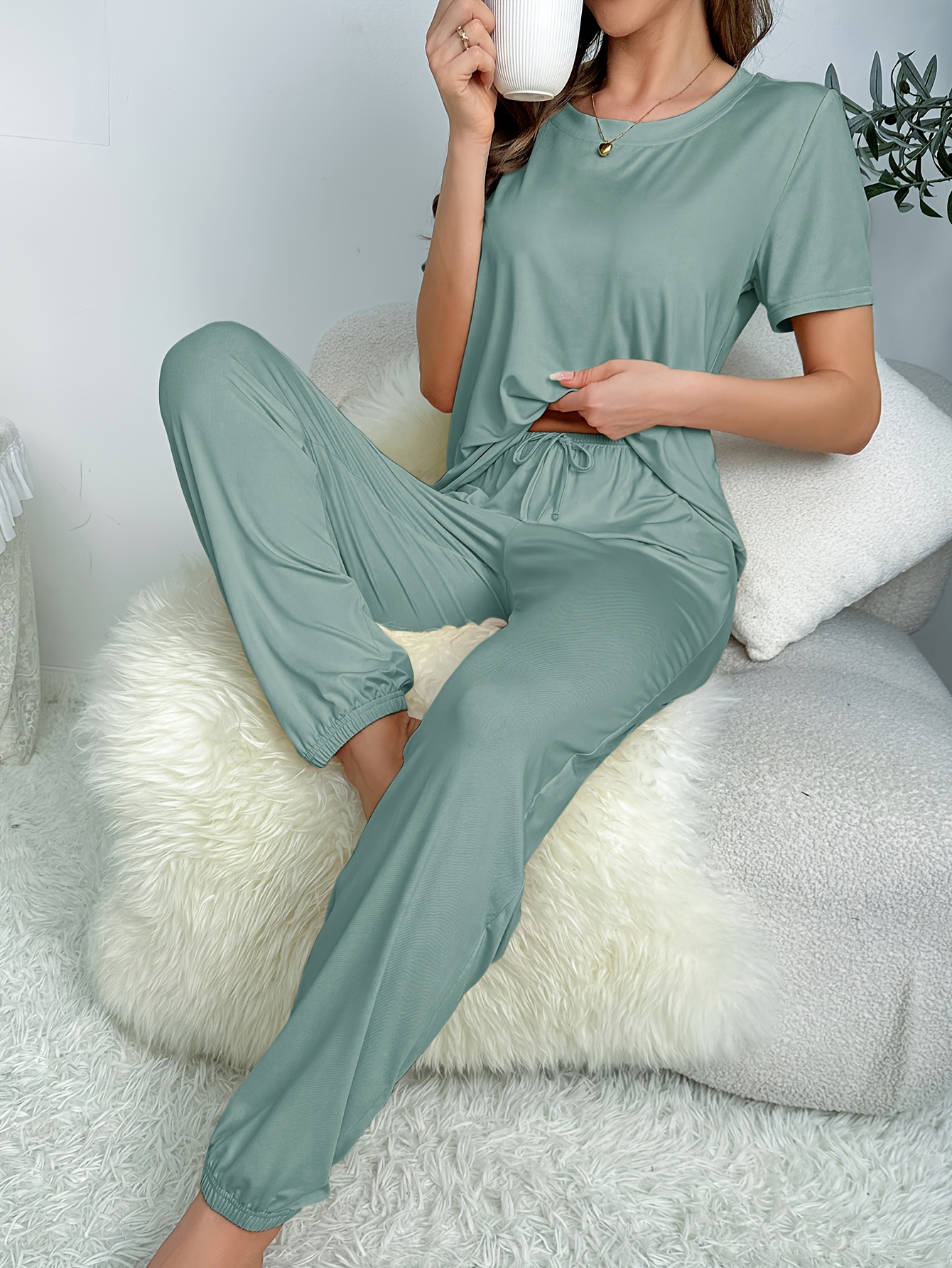 Solid Ribbed Lounge Set, Long Sleeve Side Split Top & Elastic Waistband  Pants, Women's Loungewear & Sleepwear