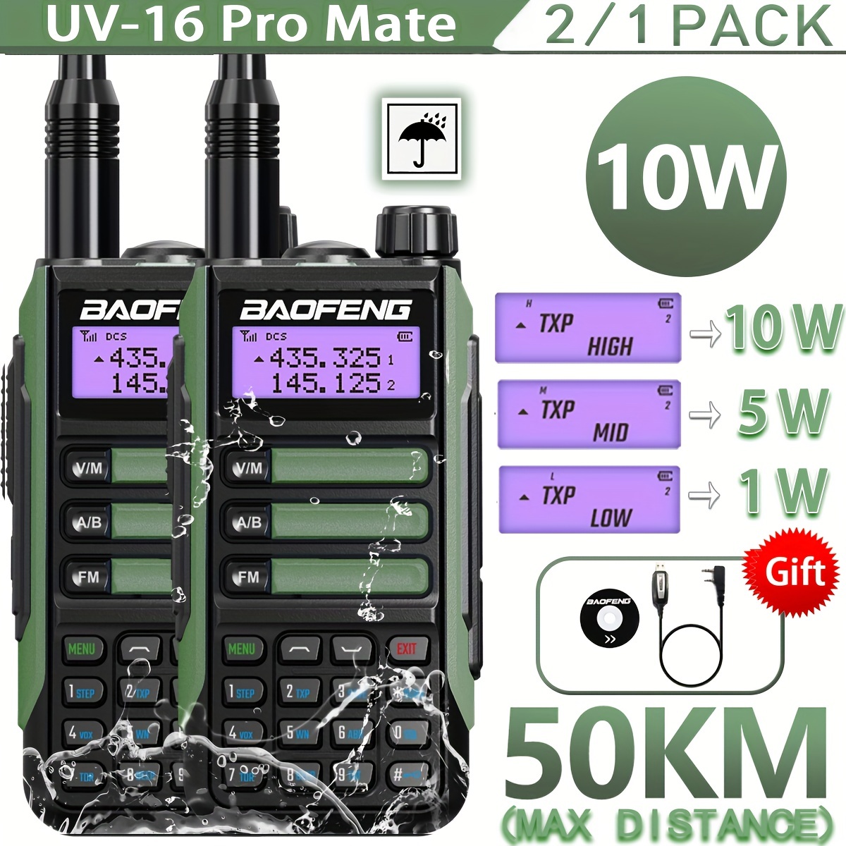 BAOFENG UV-10R Tri-Power 7W Two Way Radio Handheld Long Range Walkie Talkie  for Adults with USB Cable