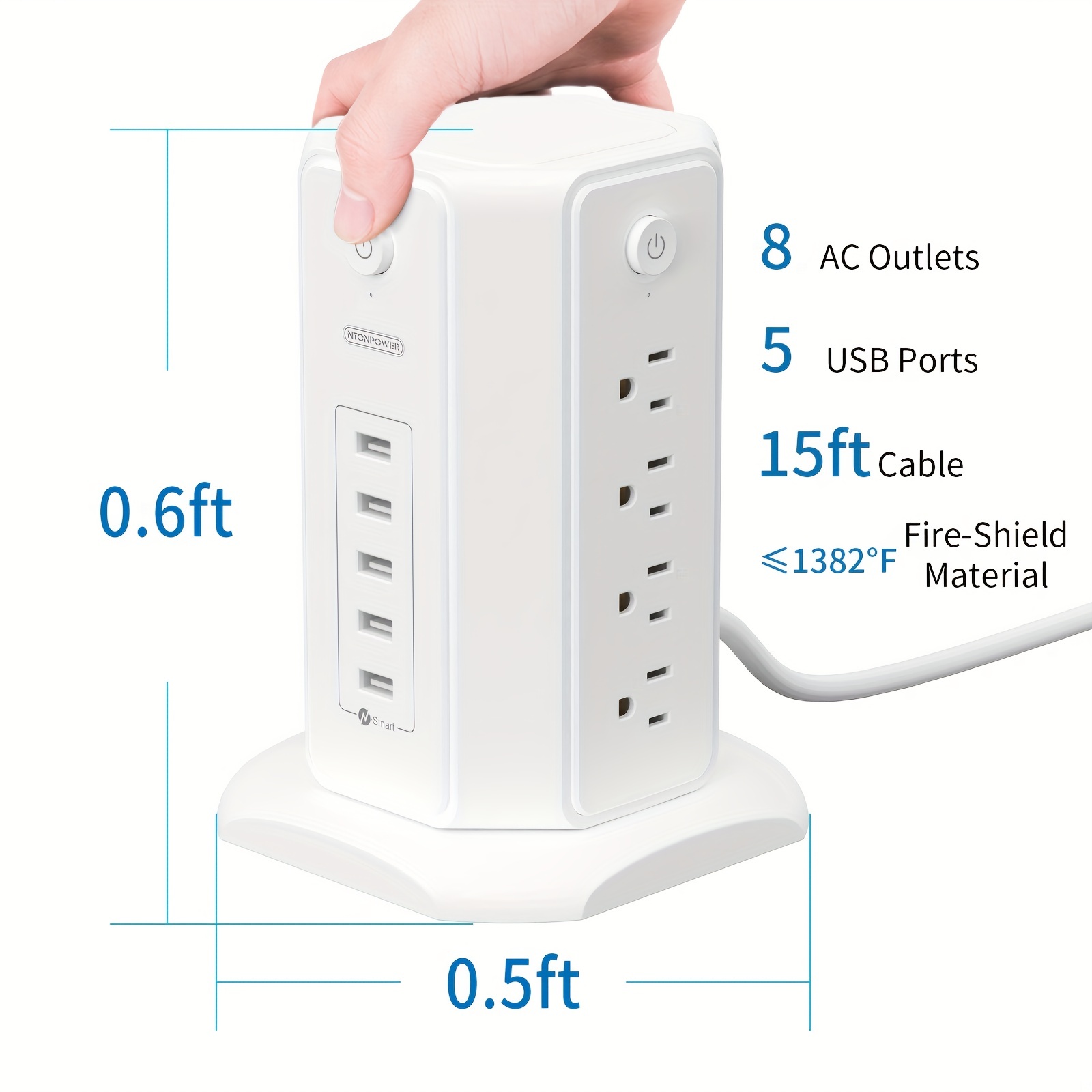 10ft Extension Cord Power Strip Tower, NTONPOWER Flat Plug Surge Protector  with 8 Outlets 5 USB Desktop Charging Station, Individual Switches, 1080