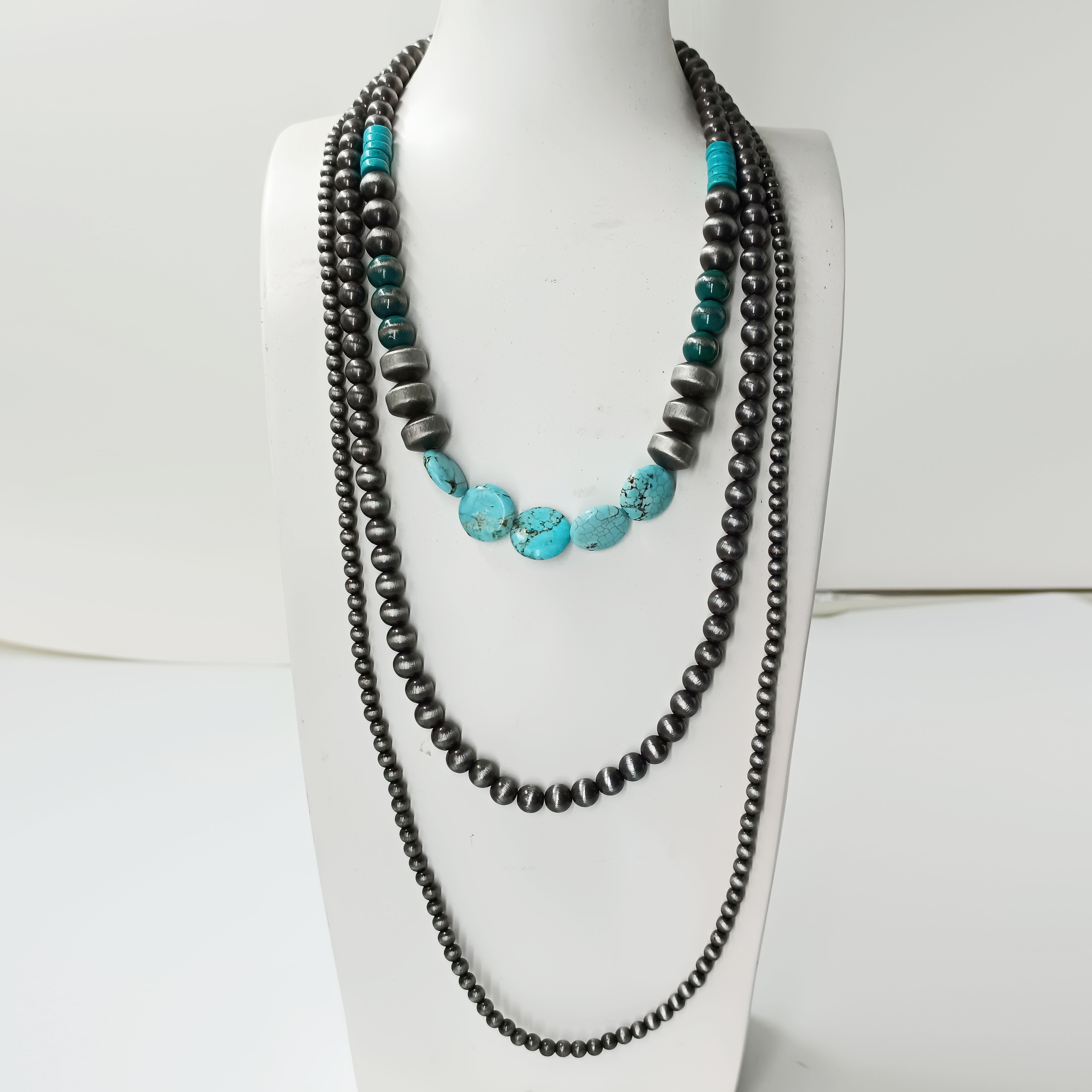 

Western Style Navajo Beaded Turquoise 3 Layer Necklace Boho Ornament Neck Jewelry Gift