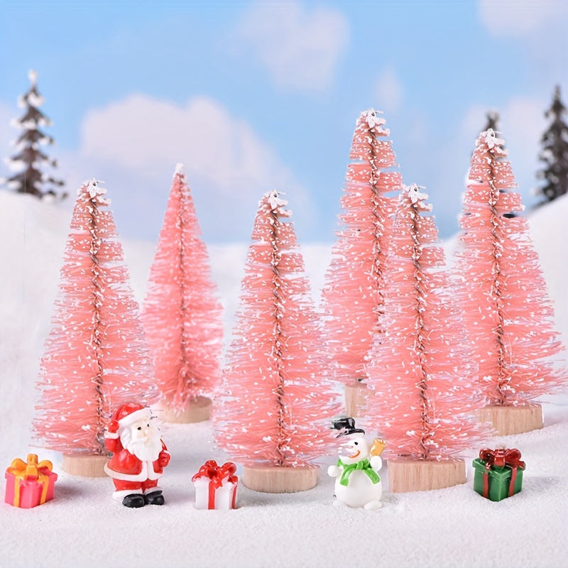 

6pcs Pink And White Snowflake Adorned Mini Christmas Tree Tabletop Ornaments, Christmas Family Atmosphere Decoration