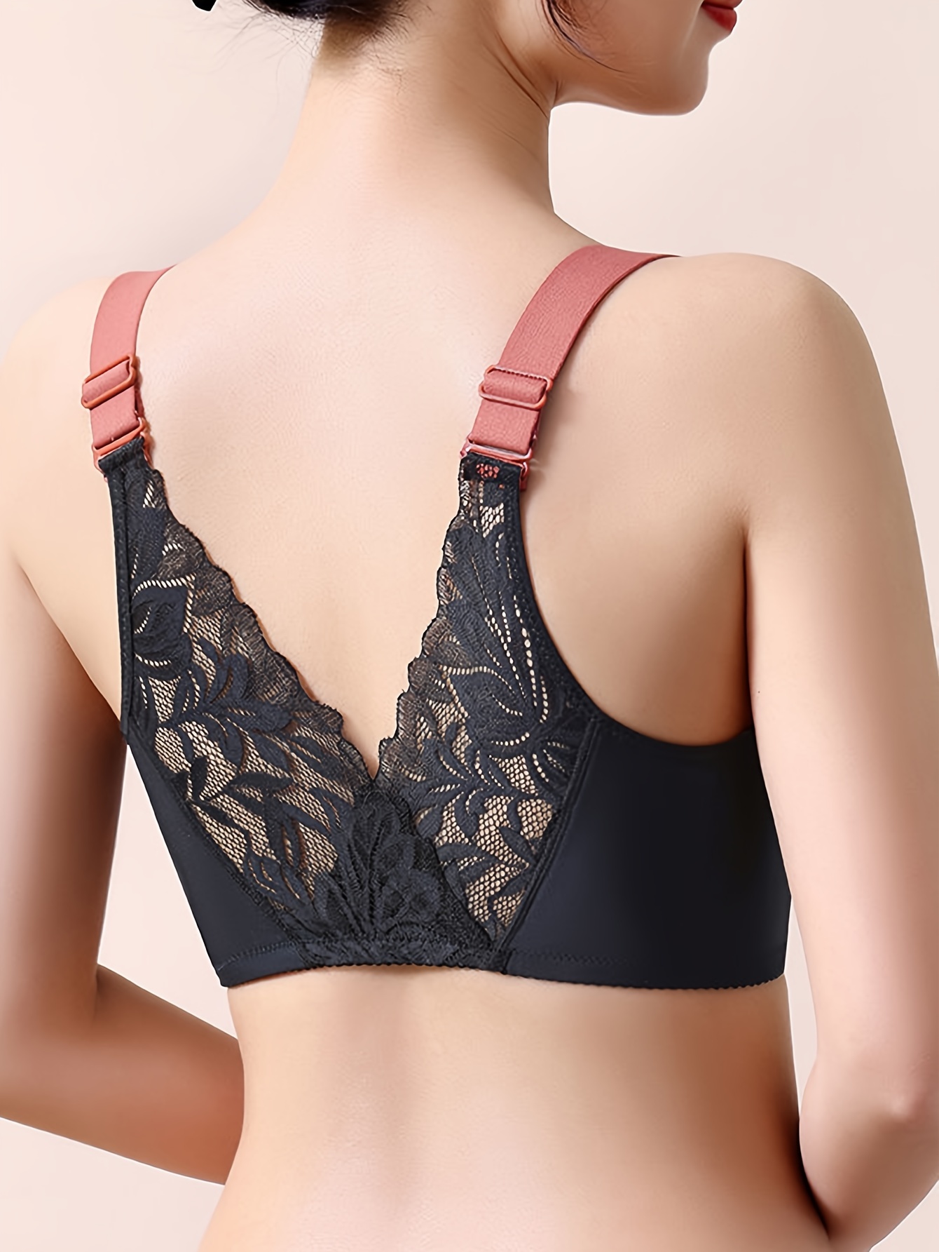 Contrast Lace Wireless Bra Comfy Front Buckle Push Bra - Temu