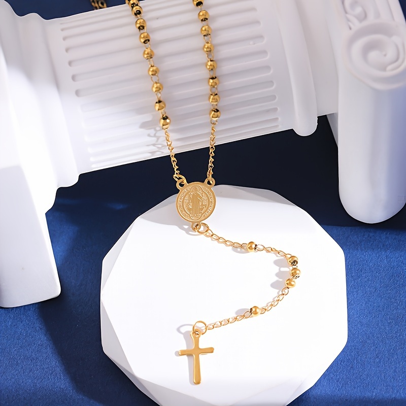 Stainless Steel St. Benedict Pattern Golden Rosary Cross - Temu