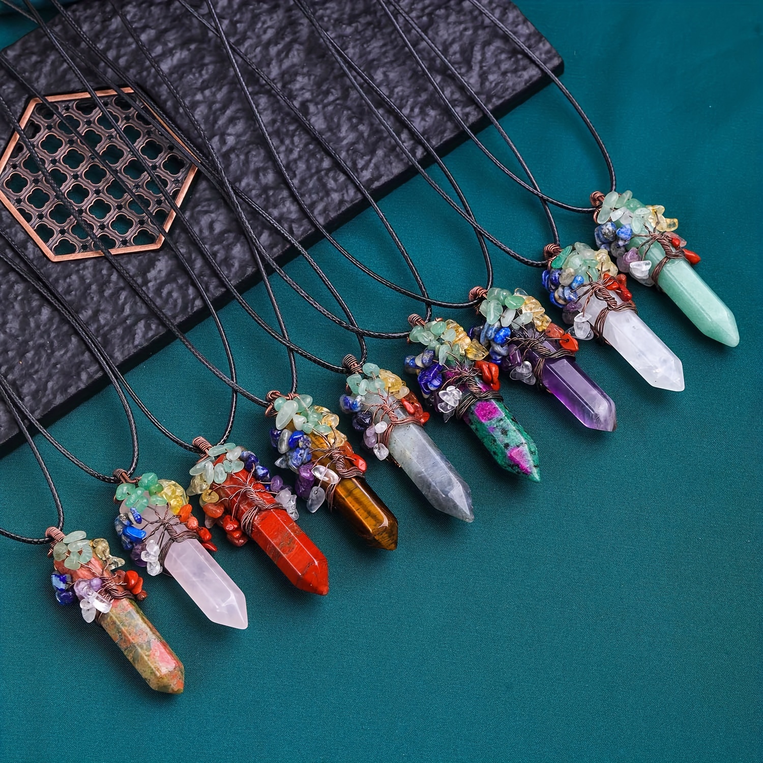 Reiki Chakra Gold Necklace Seven Healing Gemstone Beads –