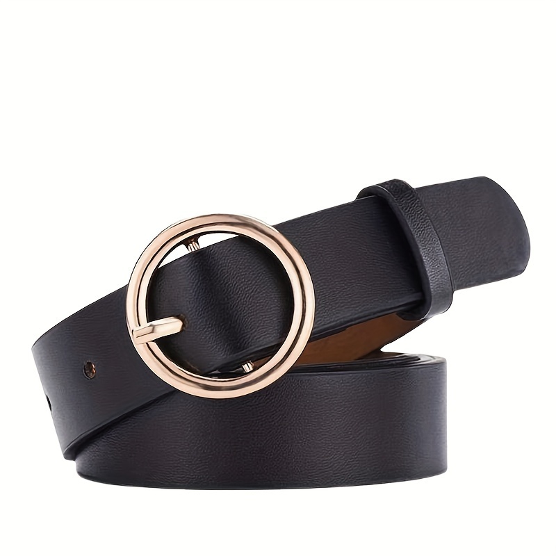 New Women PU Leather Black Belt Round Metal Pin Buckle Circle