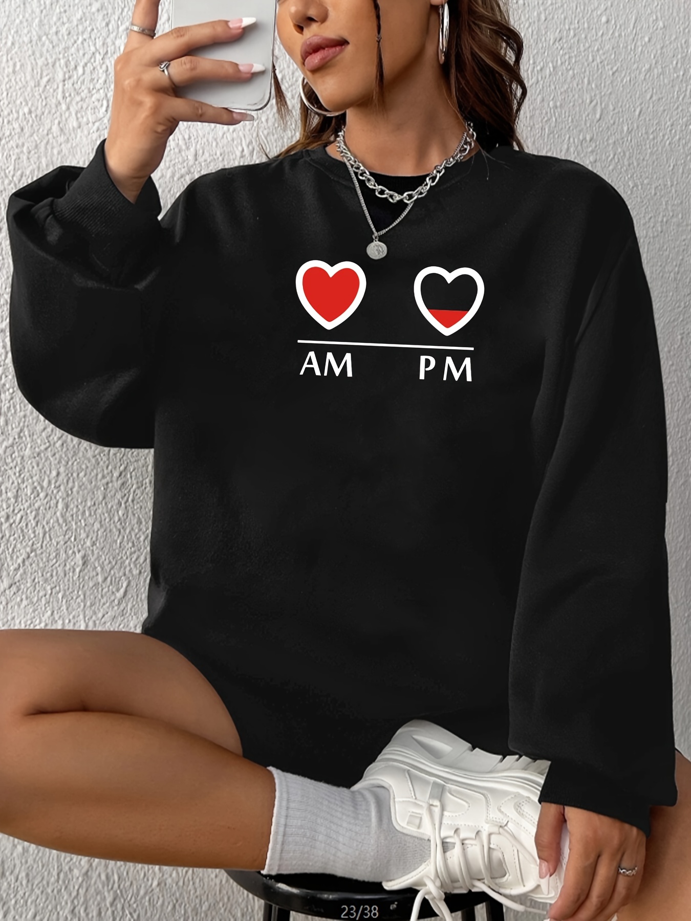 Heart Print Pullover Sweatshirt, Casual Long Sleeve Crew Neck Sweatshirt  For Spring & Fall, Women's Clothing - Temu Germany