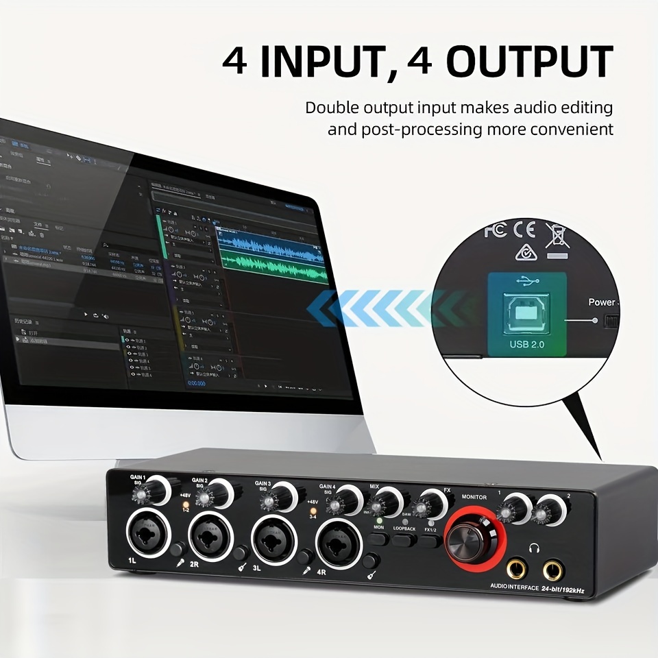 Audio Interface Sound Card With Monitor, Electric Guitar Live Recording  Professional Studio Mixer 24Bit/196kHz For Recording Music, XLR Interface  With