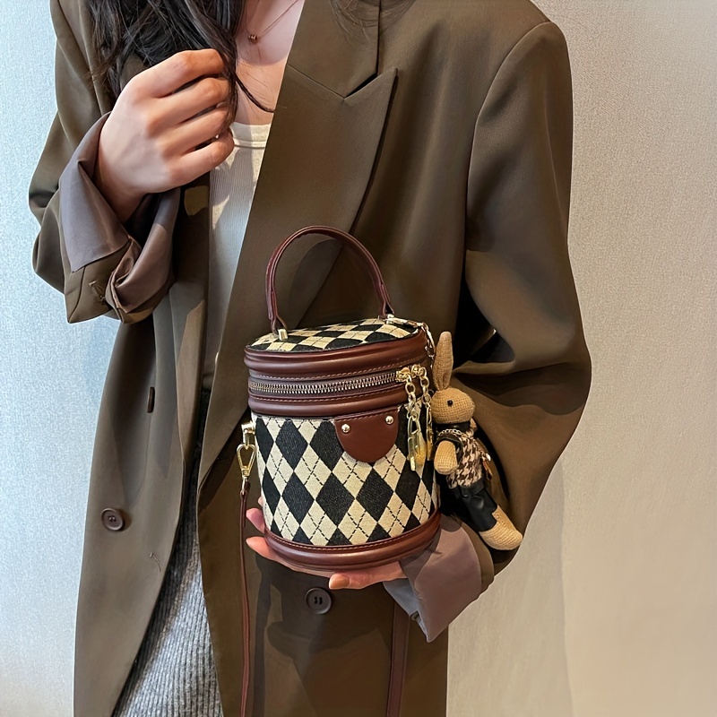 Mini Argyle Pattern Handbag, Fashion Cylinder Bucket Purse