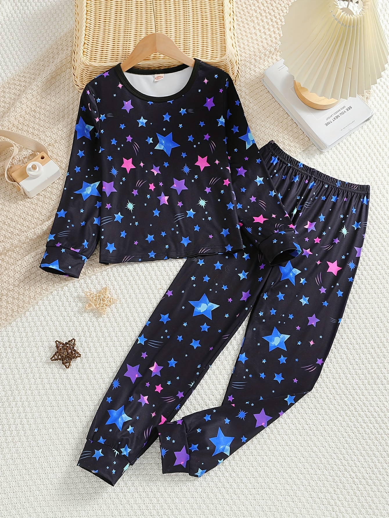 Kid's Star Allover Print Pajamas Long Sleeve Top Pants Set - Temu