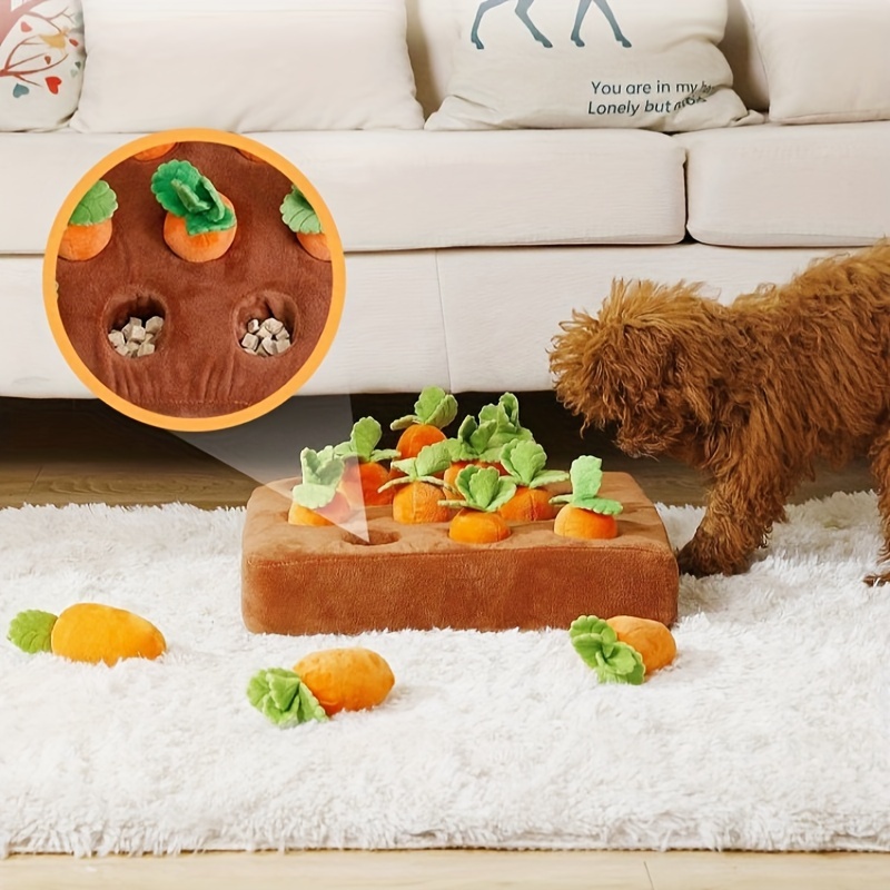This carrot patch snuffle mat is an awesome nose work game for our pup