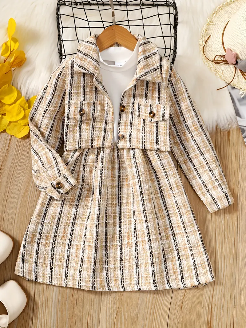 Girls Tweed Button Jacket + Matching Contrast Dress Kids - Temu
