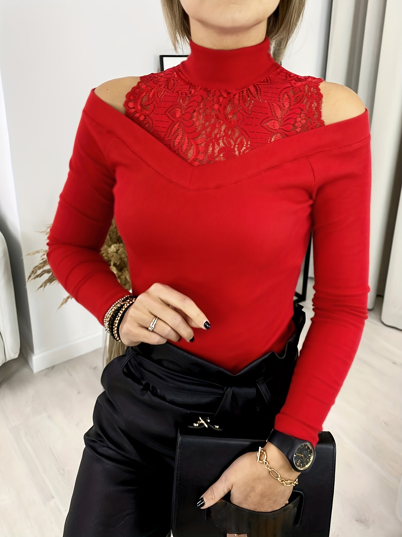 Long-Sleeve Lace Top with Mock Neckline, Regular