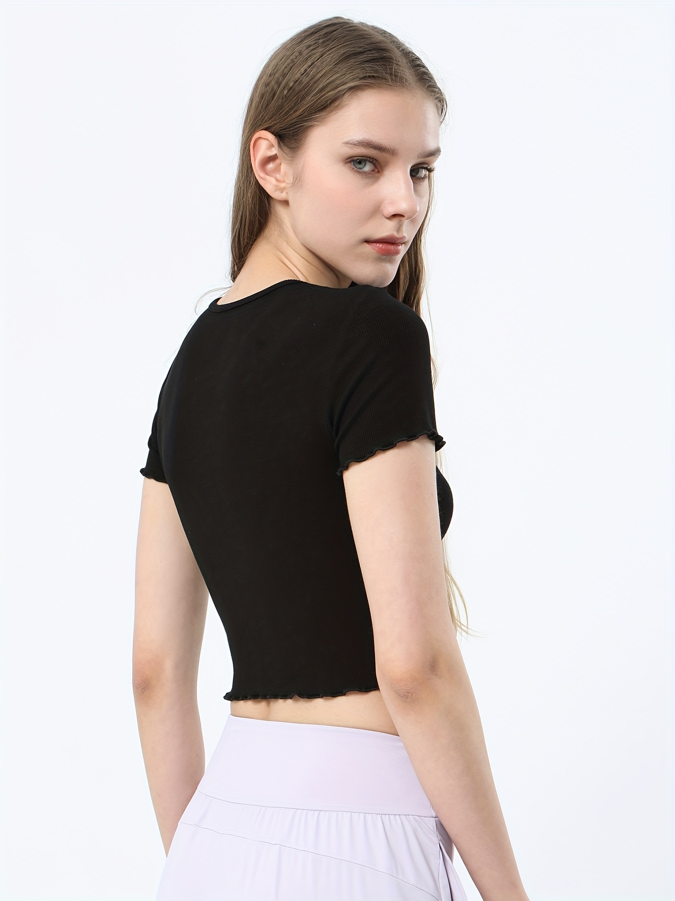 Elastic Soft Yoga Pleated Shirt, Breathable Pilates V-Neck Sport Crop Top,  Women's Tops