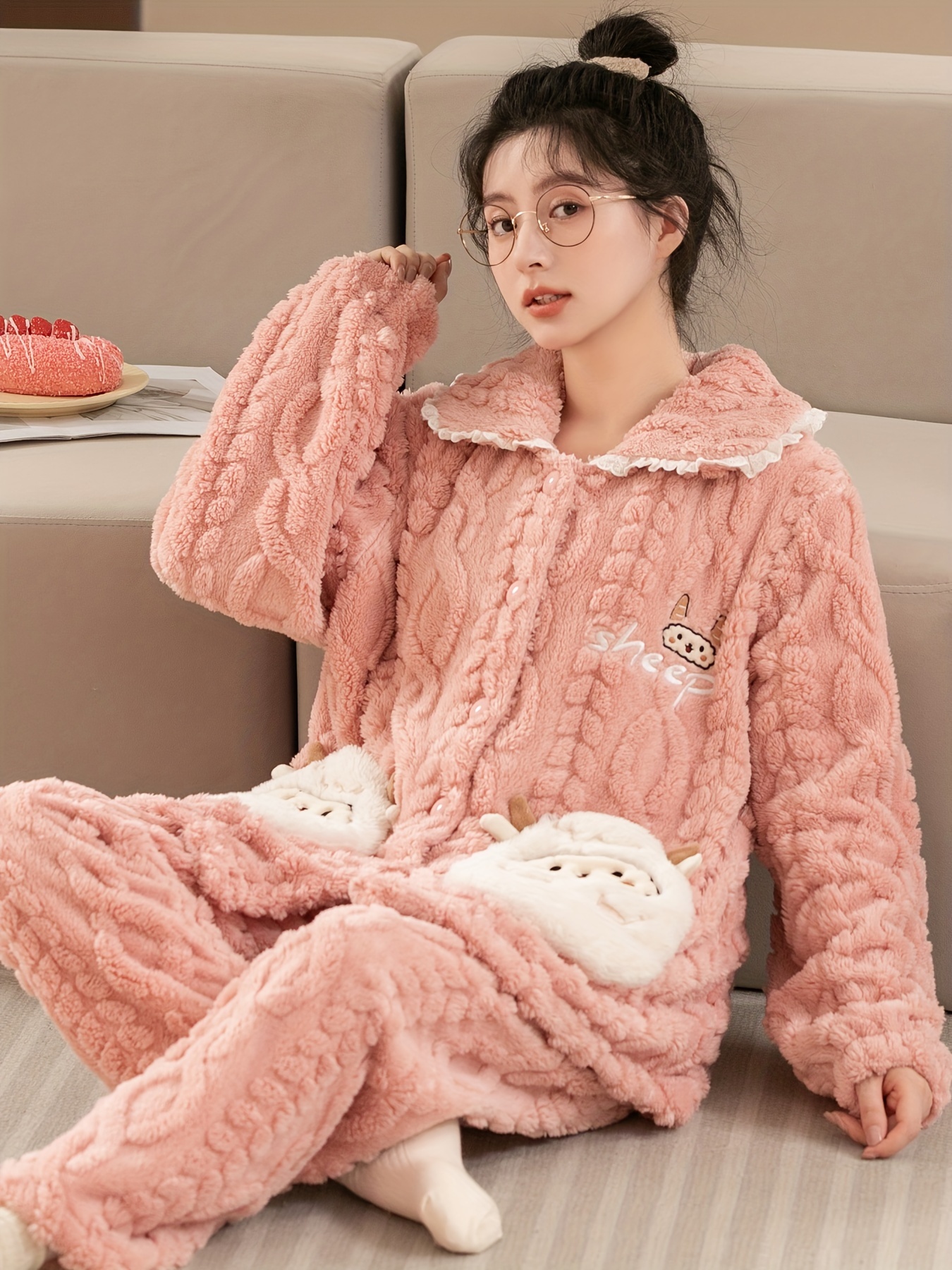 Cute Cartoon Pattern Pajamas Sets, Long Sleeve Lapel Blouse Pajama Top &  Elastic Waistband Pajama Pants, Women's Loungewear & Sleepwear