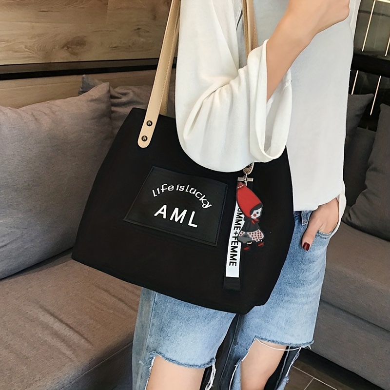 Patch Decor Tote Bag, Large Capacity Canvas Handbag, Women's Stylish  Shoulder Bag For Work & Shopping - Temu