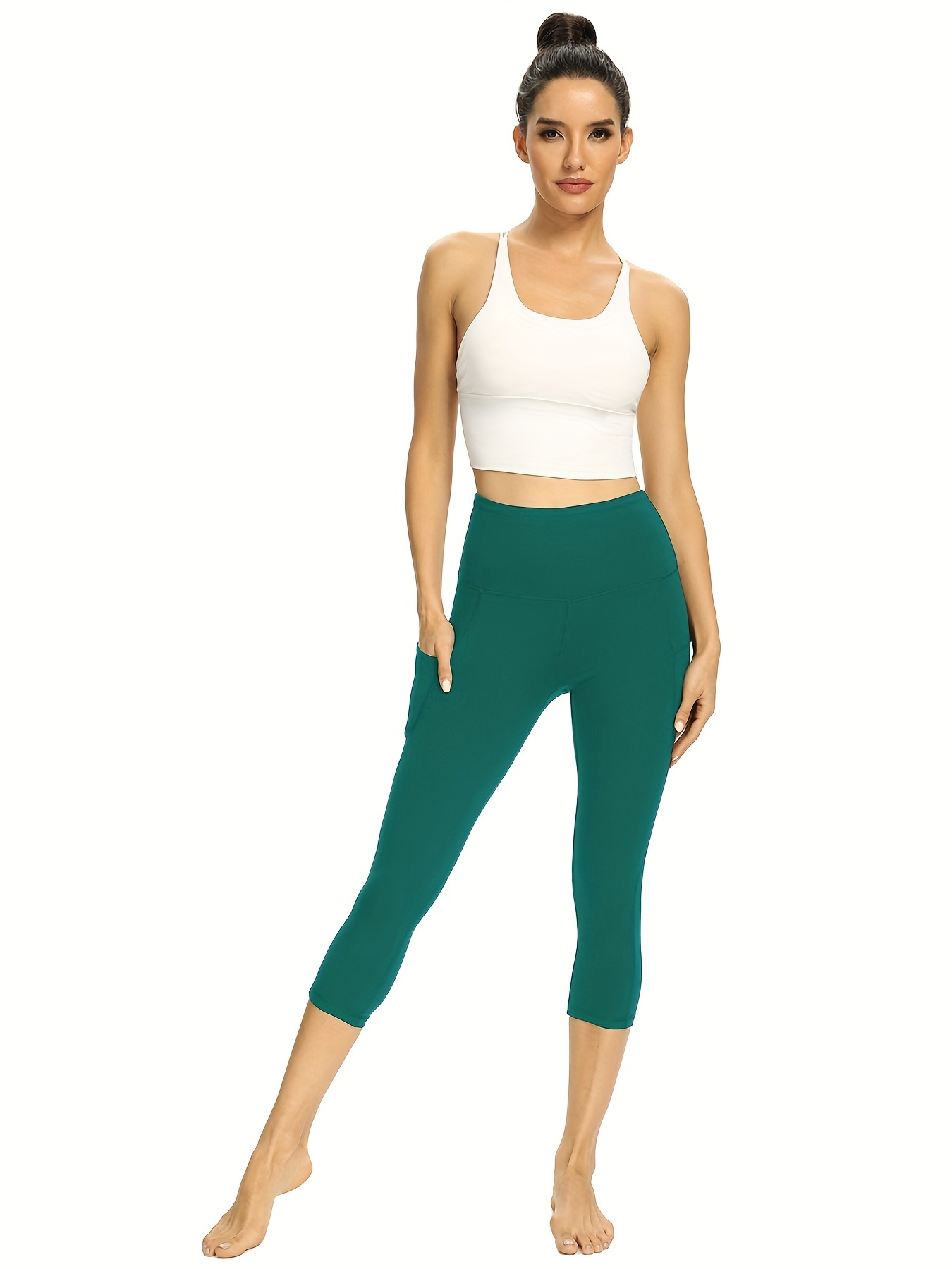 Solid Color Yoga Capri Leggings, High Waist Elastic Workout Running Capri  Pants, Women's Activewear