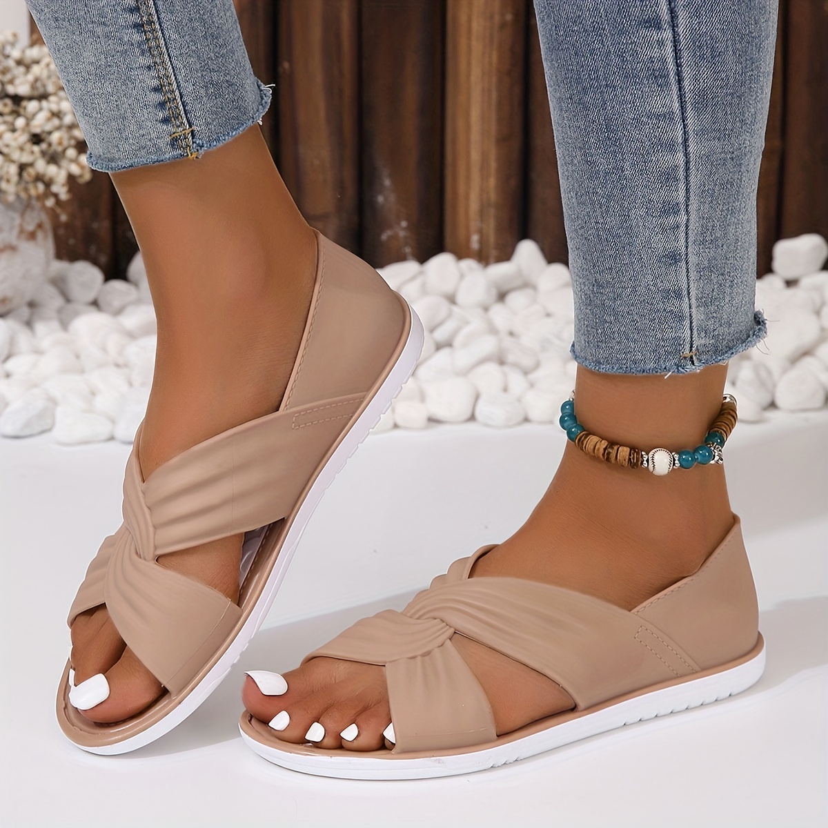 Women's Cross Straps Ruched Sandals Open Toe Slides Flat Shoes