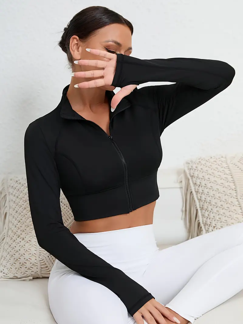 Solid Color Long Sleeve Yoga Crop Jacket, Fitness Sports Zipper Top,  Women's Clothing