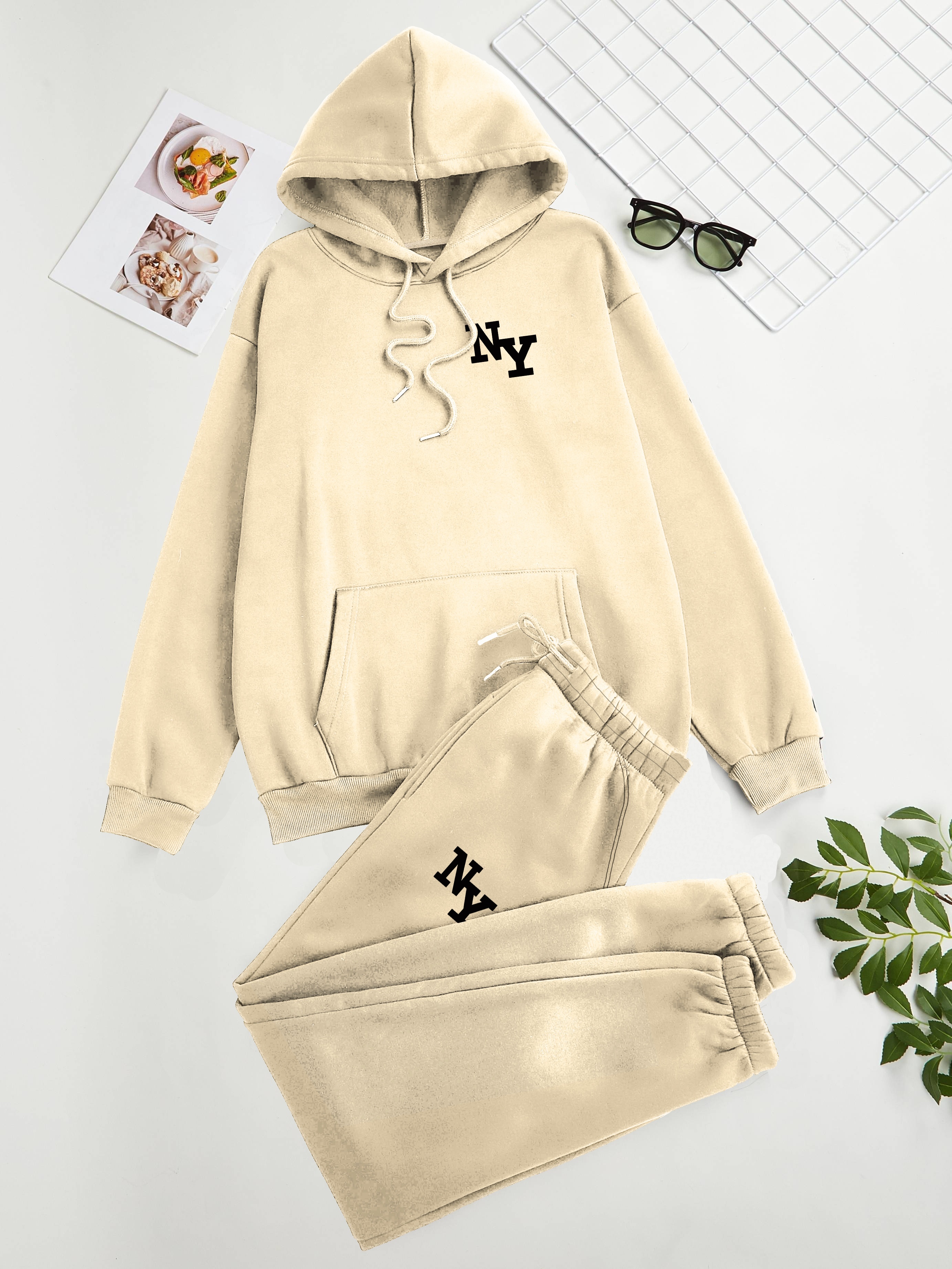Casual Sports Set Ny Letter Graphic Long Sleeve Hooded - Temu