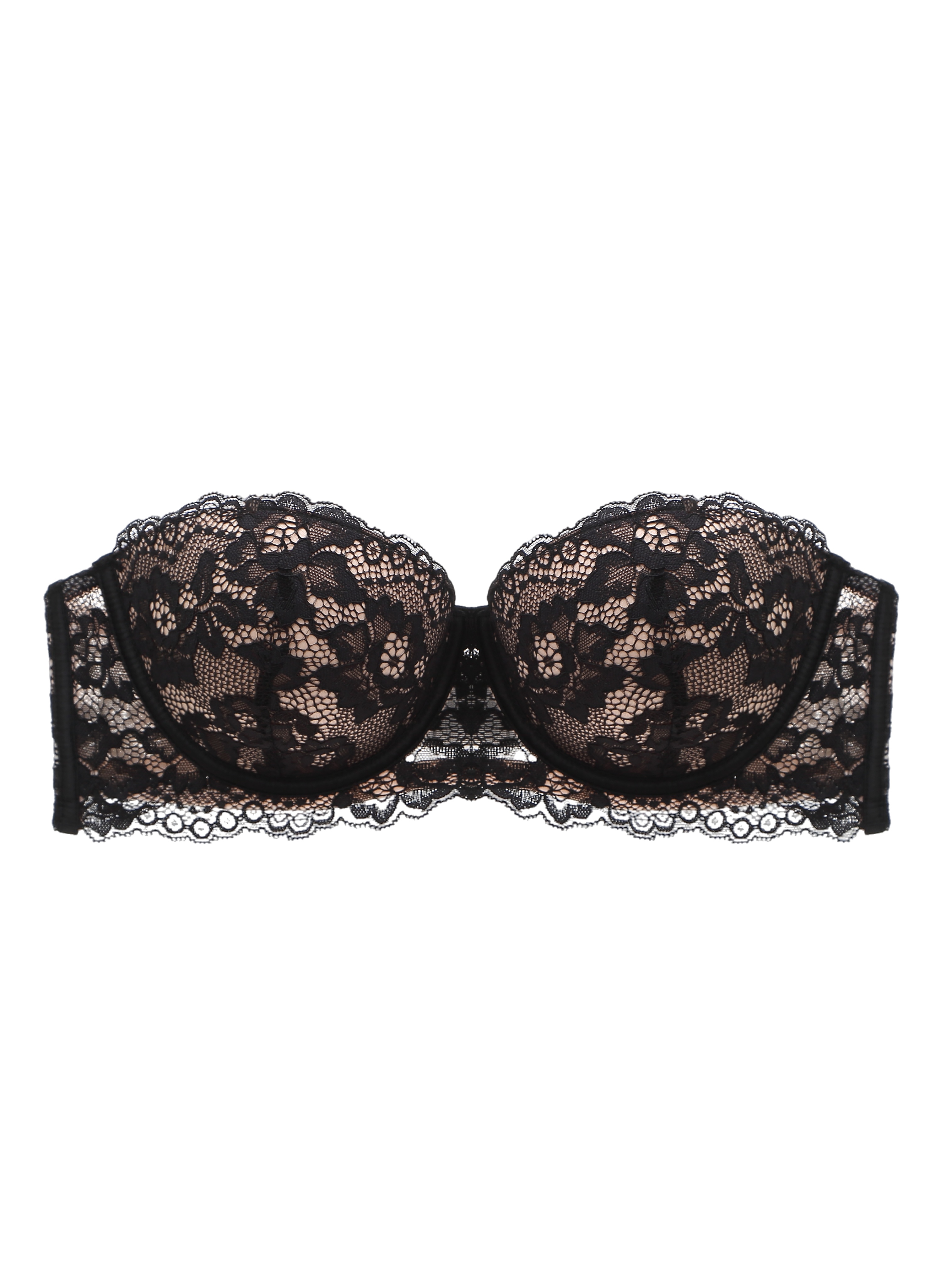 Floral Lace Push-Up Lightly Padded Demi Plunge Underwire Bra Black