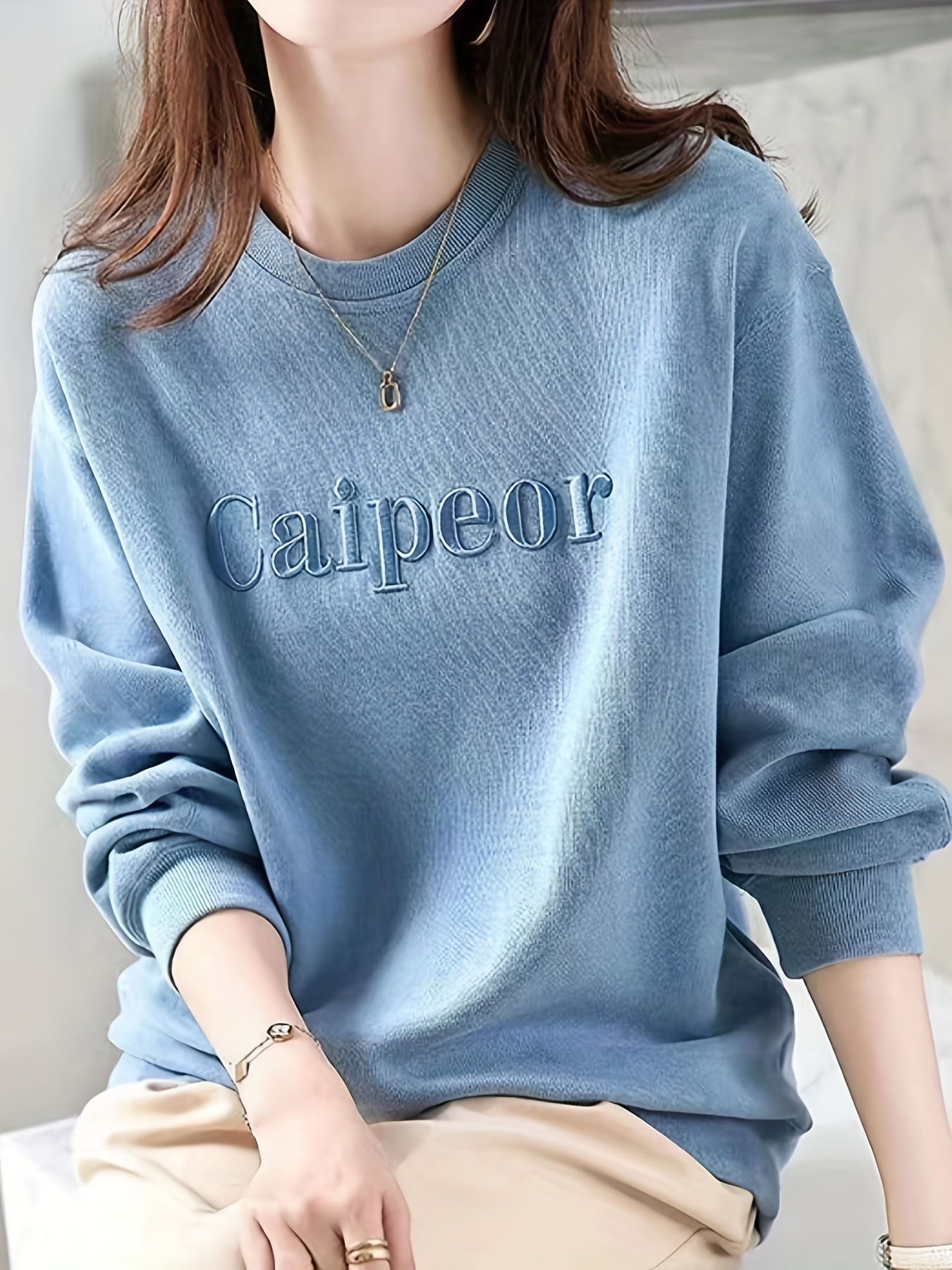 Letter Embroidery Pullover Sweatshirt, Casual Long Sleeve Crew