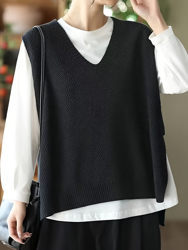 V Ausschnitt Langer Strick Pullunder Damen Casual V Ausschnitt