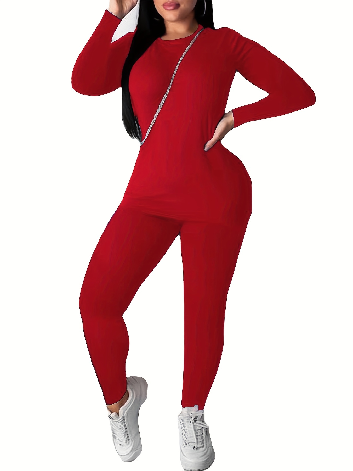 Women Full Length Solid T-Shirt Set With Leggings Red Small Red Small 