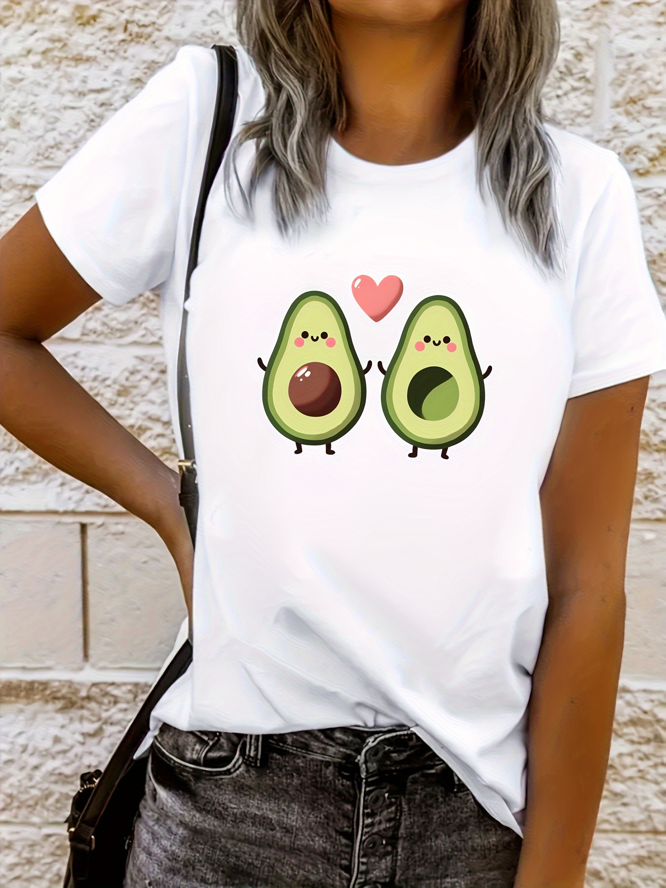 Camiseta de gola redonda com estampa de abacate, casual solta de