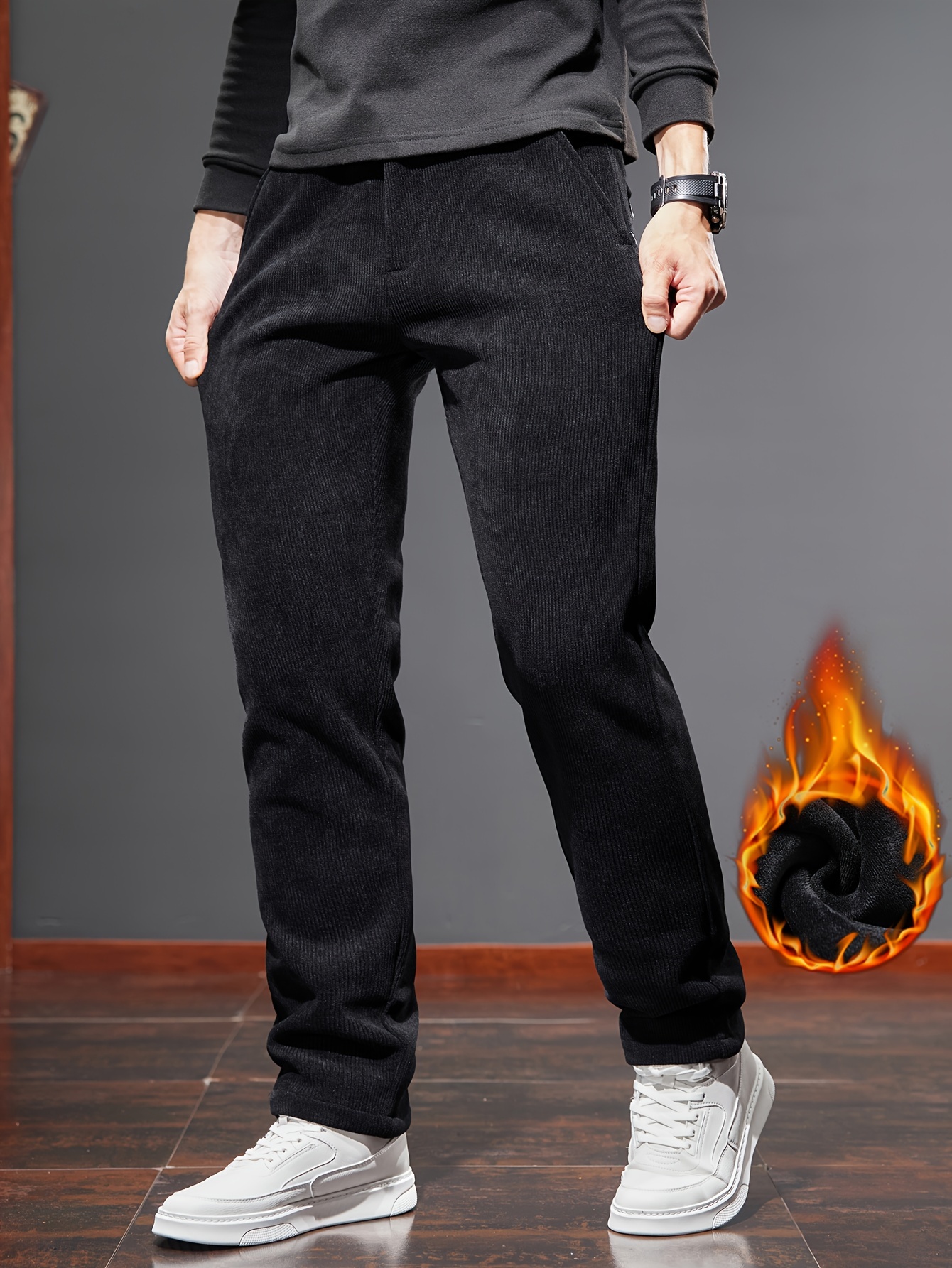 Casual Winter Men's Thick Fur Lined Pants Warm Solid Black Elastic