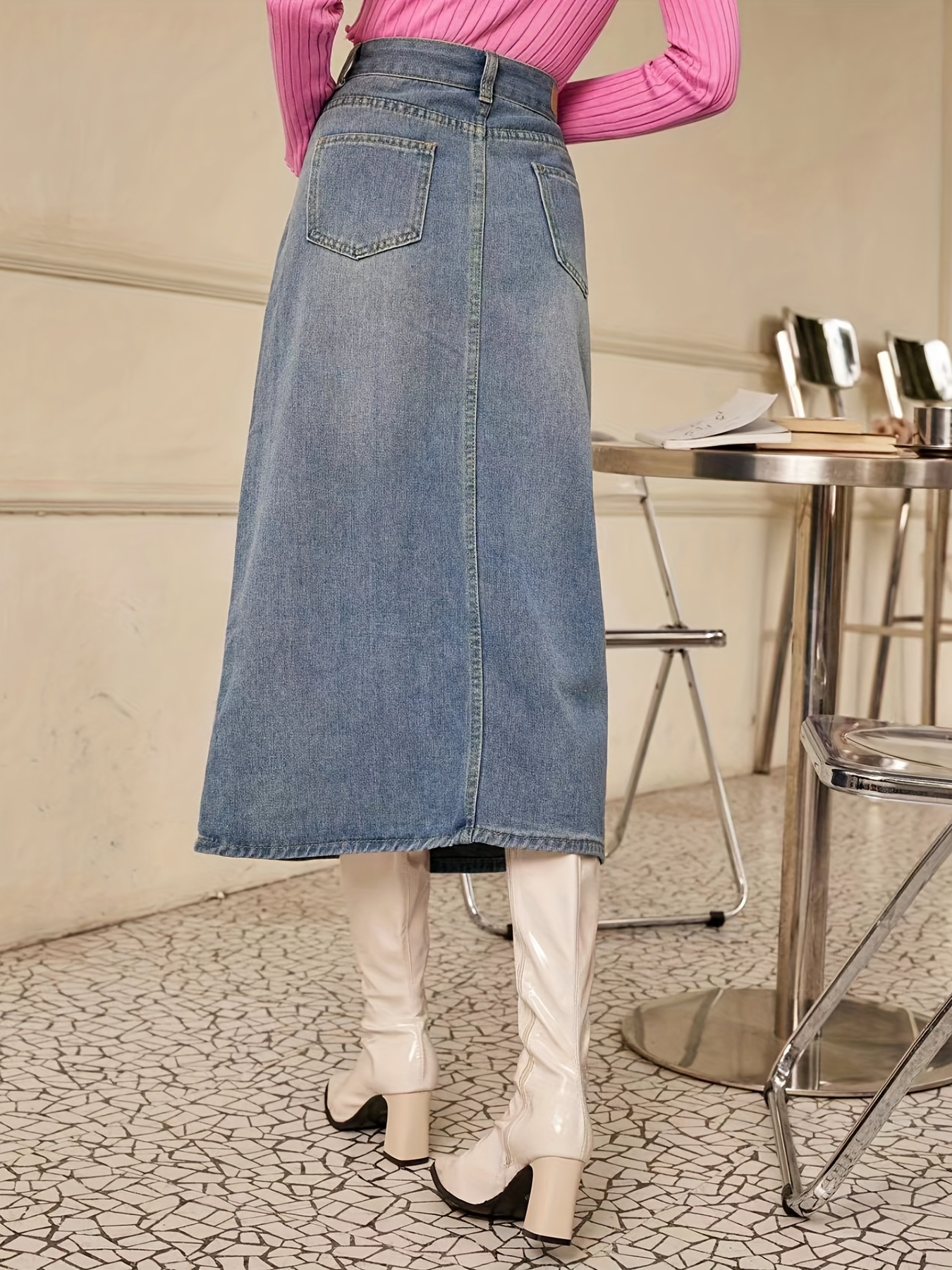 Front Slit Mid High Waist Denim Skirt Slash Pockets