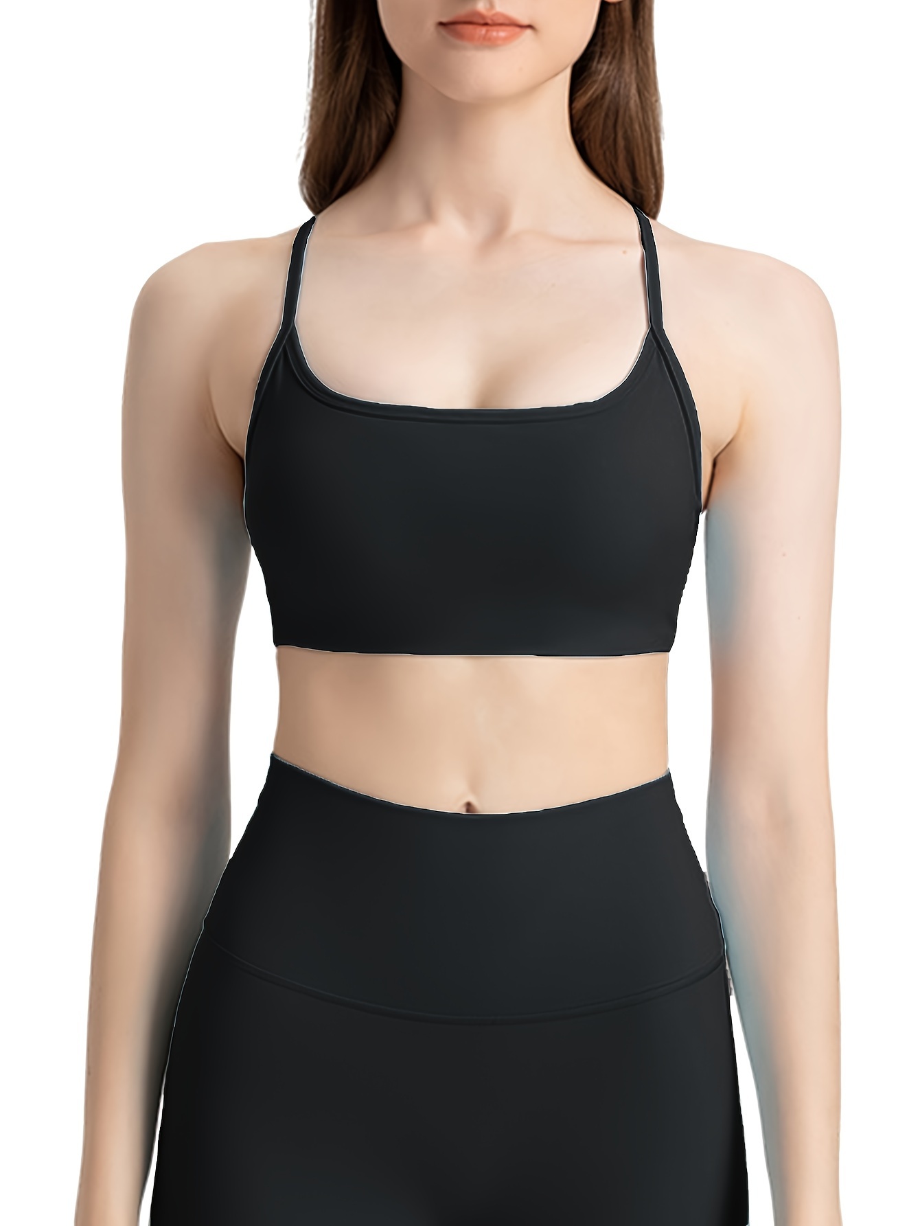 Women's Activewear: Sexy Black Criss-cross Front Sports Bra with Wide Strap  and Cropped Tank Top