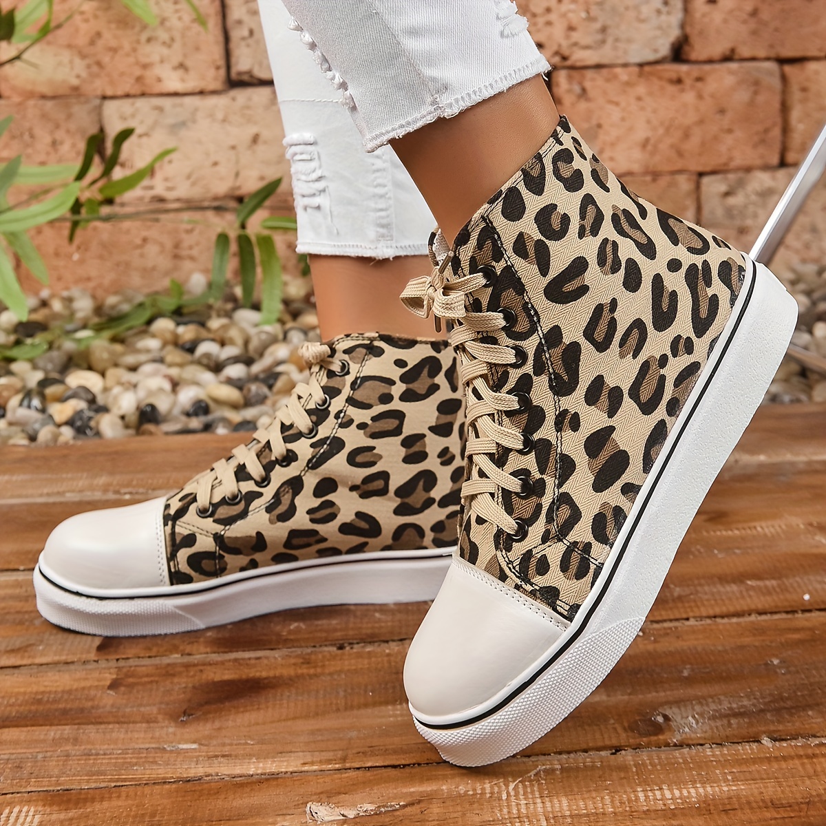 womens leopard print canvas shoes casual lace up high top shoes comfortable outdoor sneakers details 6