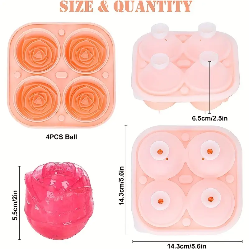ice cube tray 2 5 inch rose ice molds with covers 4 cavity silicone rose ice ball maker easy release and bpa free 3d large ice cube trays for cocktails juice coffee beer beverages whiskey bourbon freezer pink 1