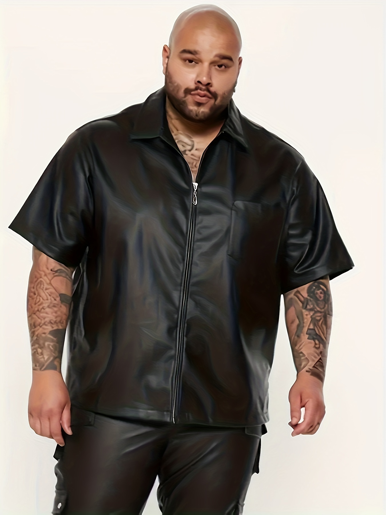 Plus Size Men's Handsome PU Jacket Oversized Short Sleeve Shirt For Big &  Tall Males, Men's Clothing