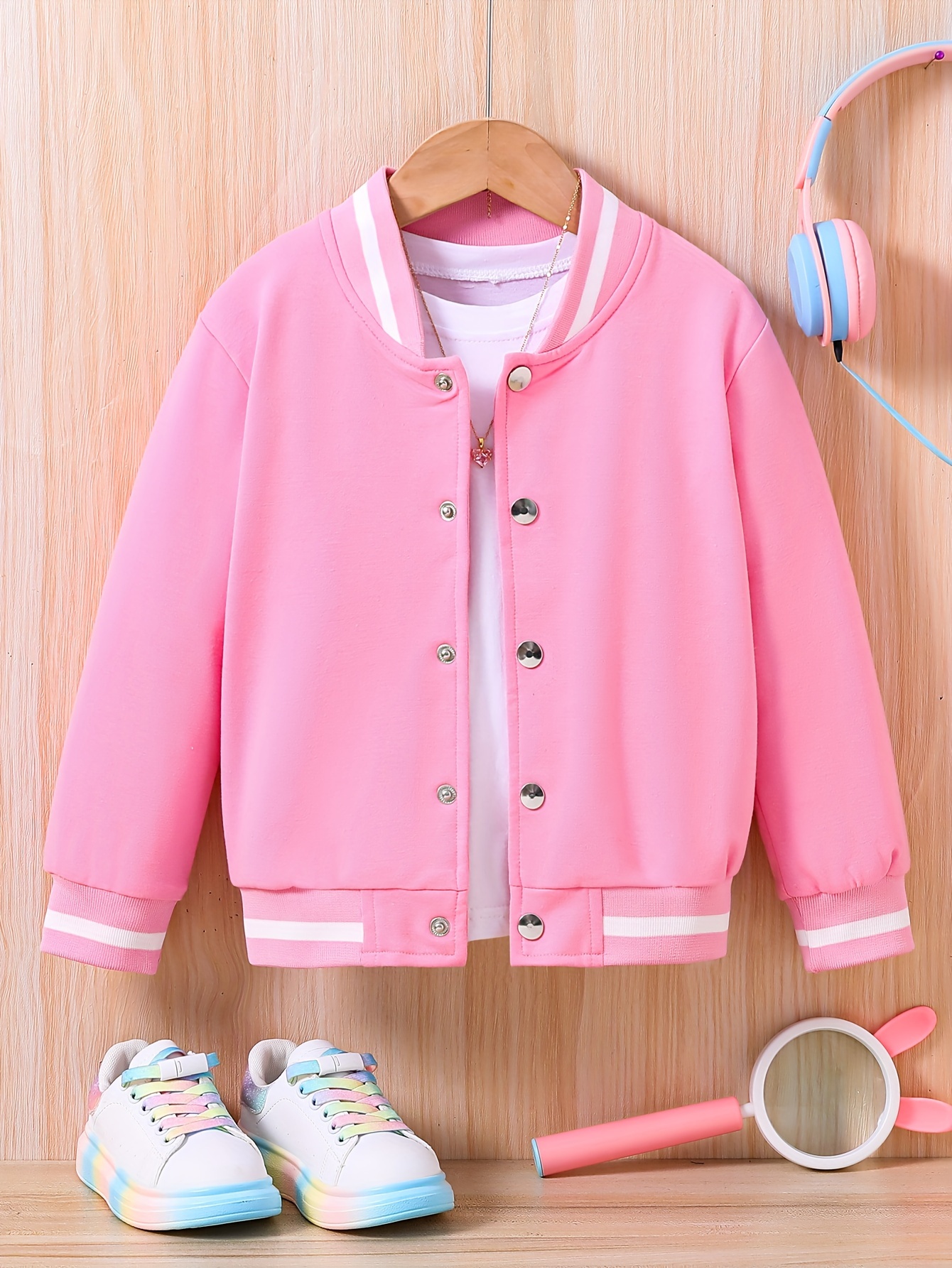 Funny ''Don't Touch My Hair'' Letter Embroidery Color Block Varsity Jacket for Toddler Girls,Temu